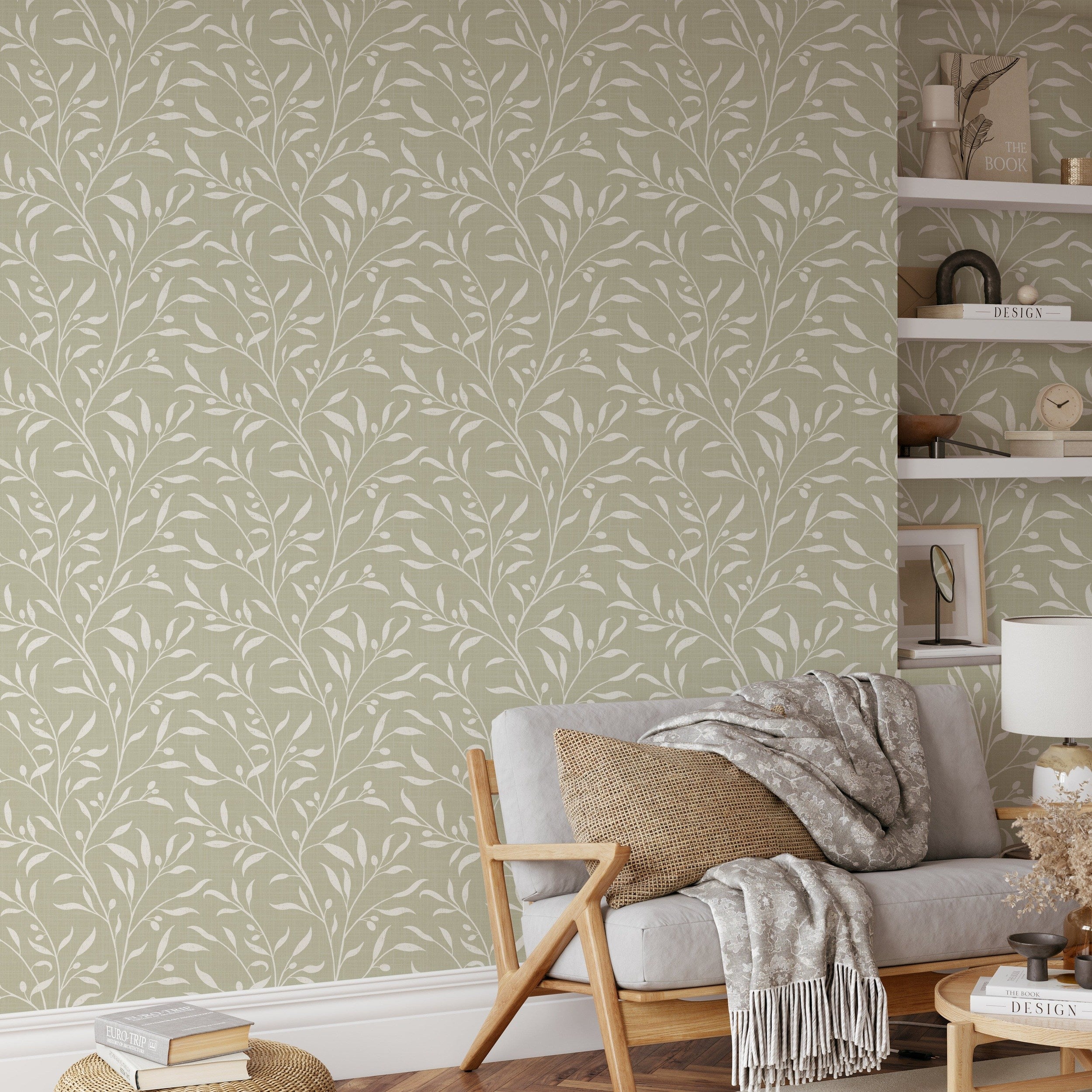wallpaper in removable peel and stick prepasted or nonpasted with green botanical olive leaves and branches