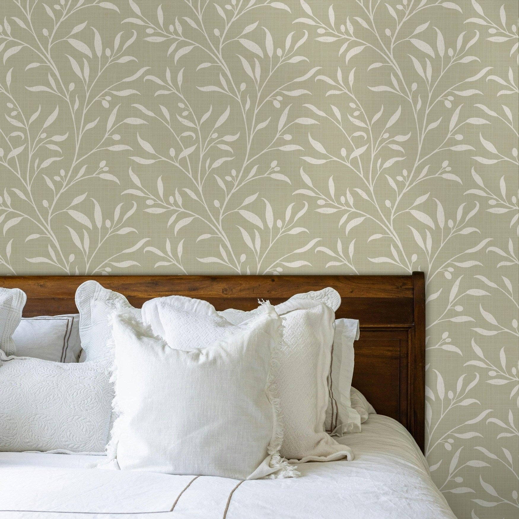 wallpaper in removable peel and stick prepasted or nonpasted with green botanical olive leaves and branches