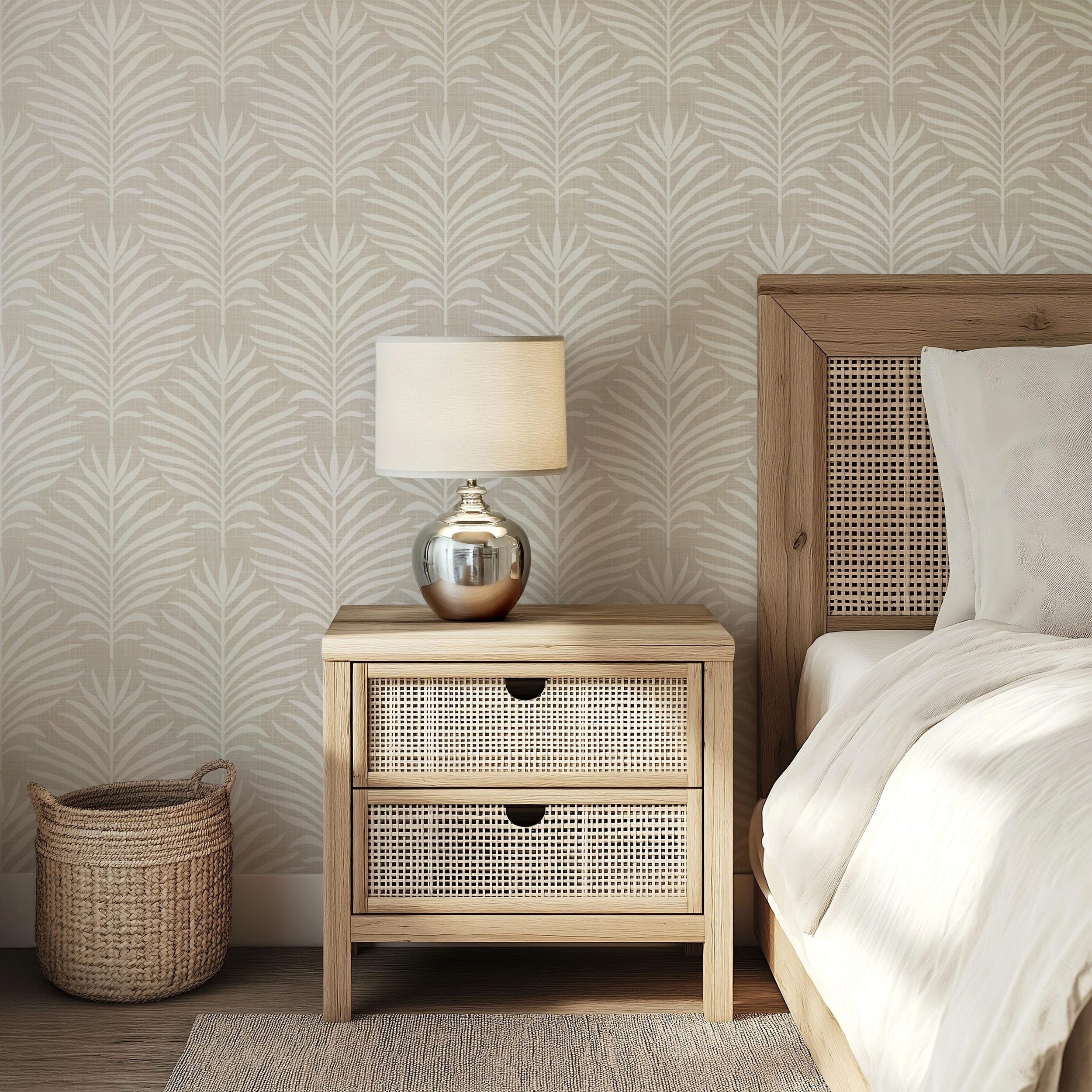 Palm Breeze Wallpaper - Neutral wallpaper available in peel and stick (removable), prepasted, and traditional nonpasted / unpasted