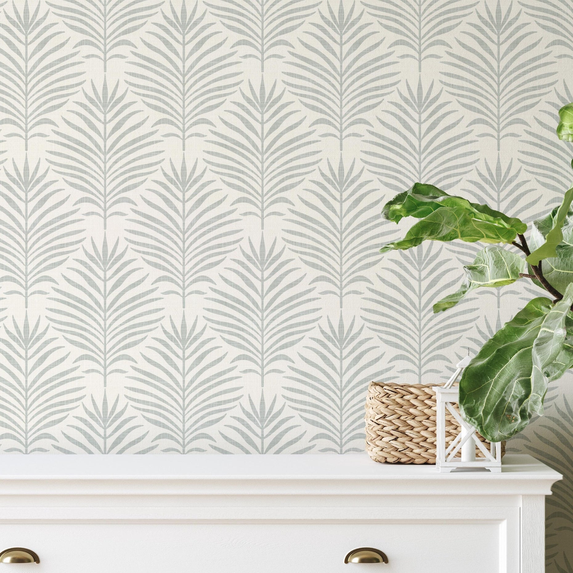 tropical boho wallpaper with minimalist gray and off white palm leaf print. shown in removable peel and stick or prepasted. Perfect for modern coastal bathroom, baby nursery, powder room, entry, dining, office, or living room accent wall.