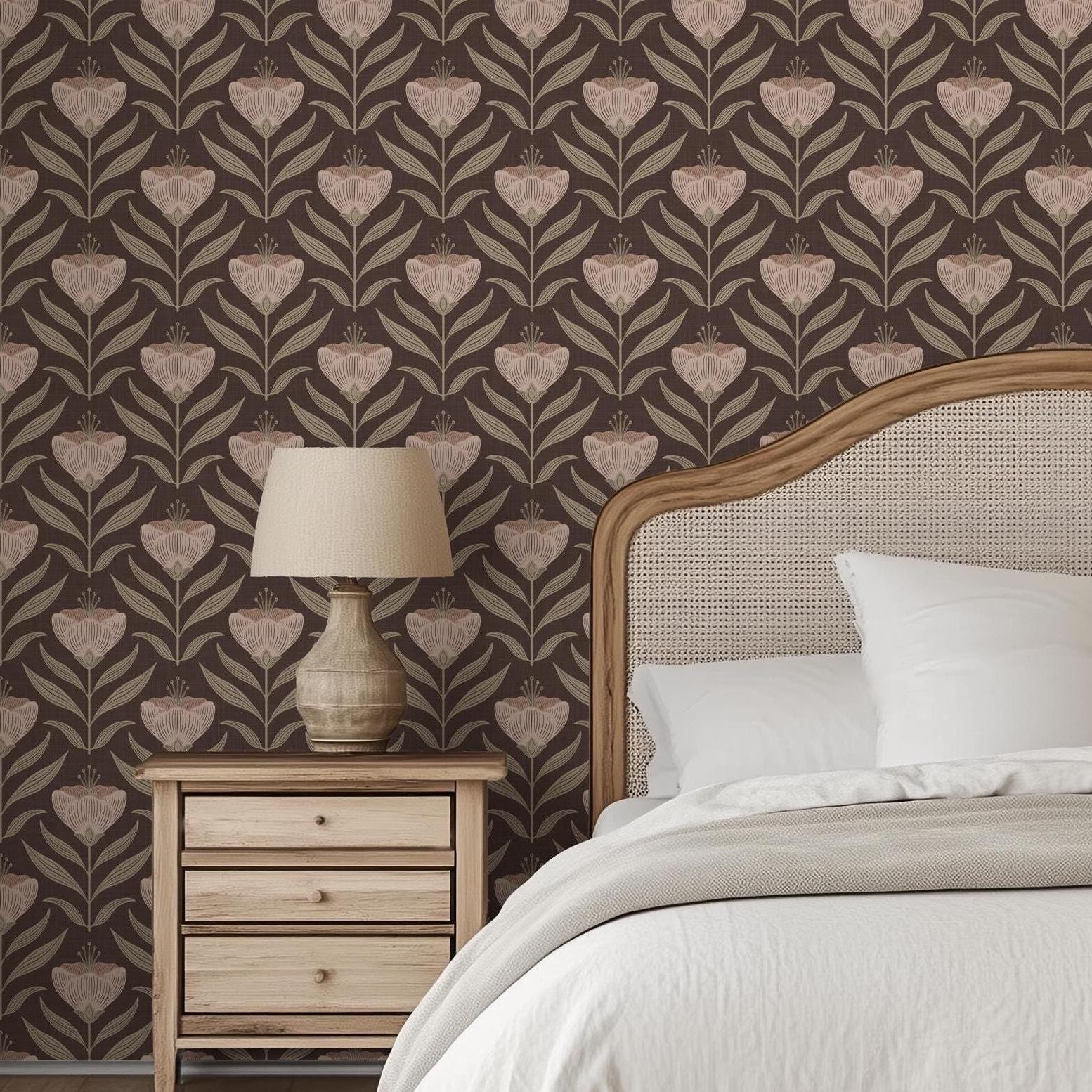 Emma Wildflower Floral Wallpaper - Brown wallpaper available in peel and stick (removable), prepasted, and traditional nonpasted / unpasted