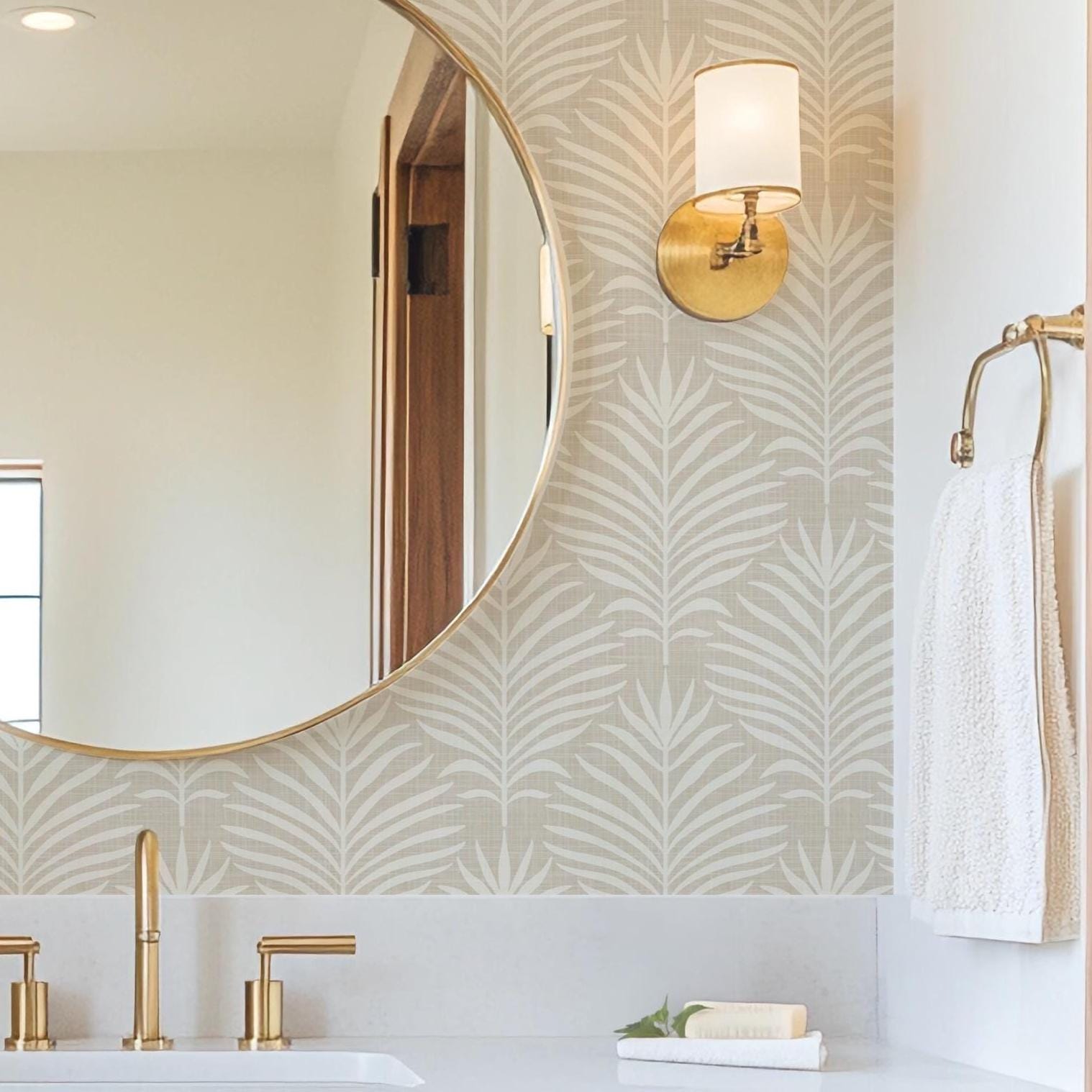 Palm Breeze Wallpaper - Neutral wallpaper available in peel and stick (removable), prepasted, and traditional nonpasted / unpasted