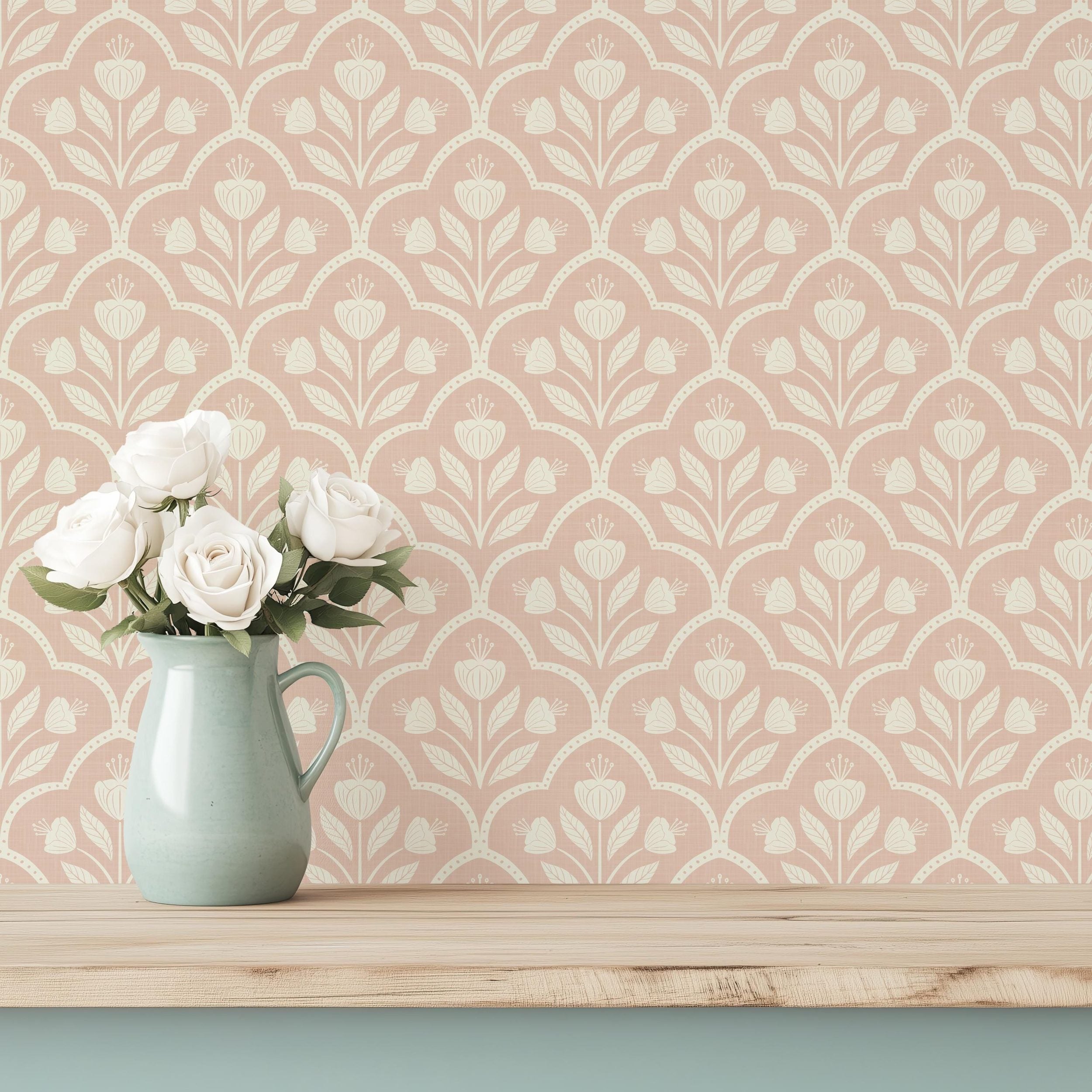 Pastel pink floral wallpaper with a repeating wildflower pattern in a soft coquette style, ideal for baby girl nurseries, tween rooms, or romantic accent walls.