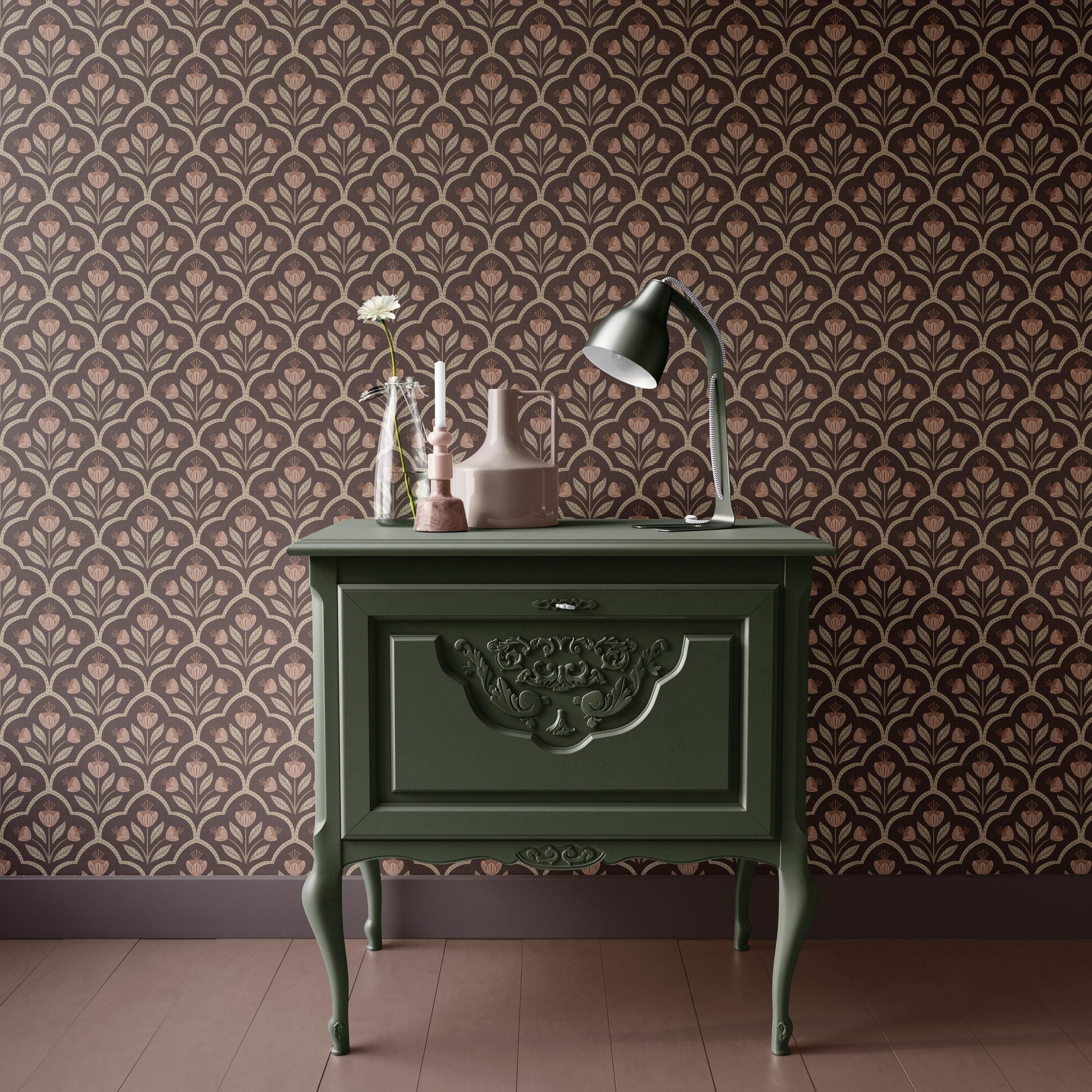 Removable renter-friendly wallpaper featuring a dark moody floral design with vintage Victorian medallion wildflowers in blush and beige on a rich brown background. Intended for cozy neutral, gothic heritage style, or cottage charm. featured on living room statement wall.