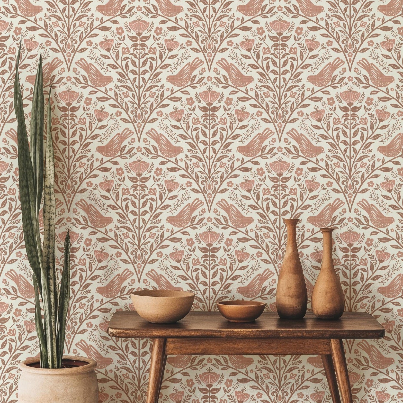 Bird Botanical Wallpaper wallpaper available in peel and stick (removable), prepasted, and traditional nonpasted / unpasted