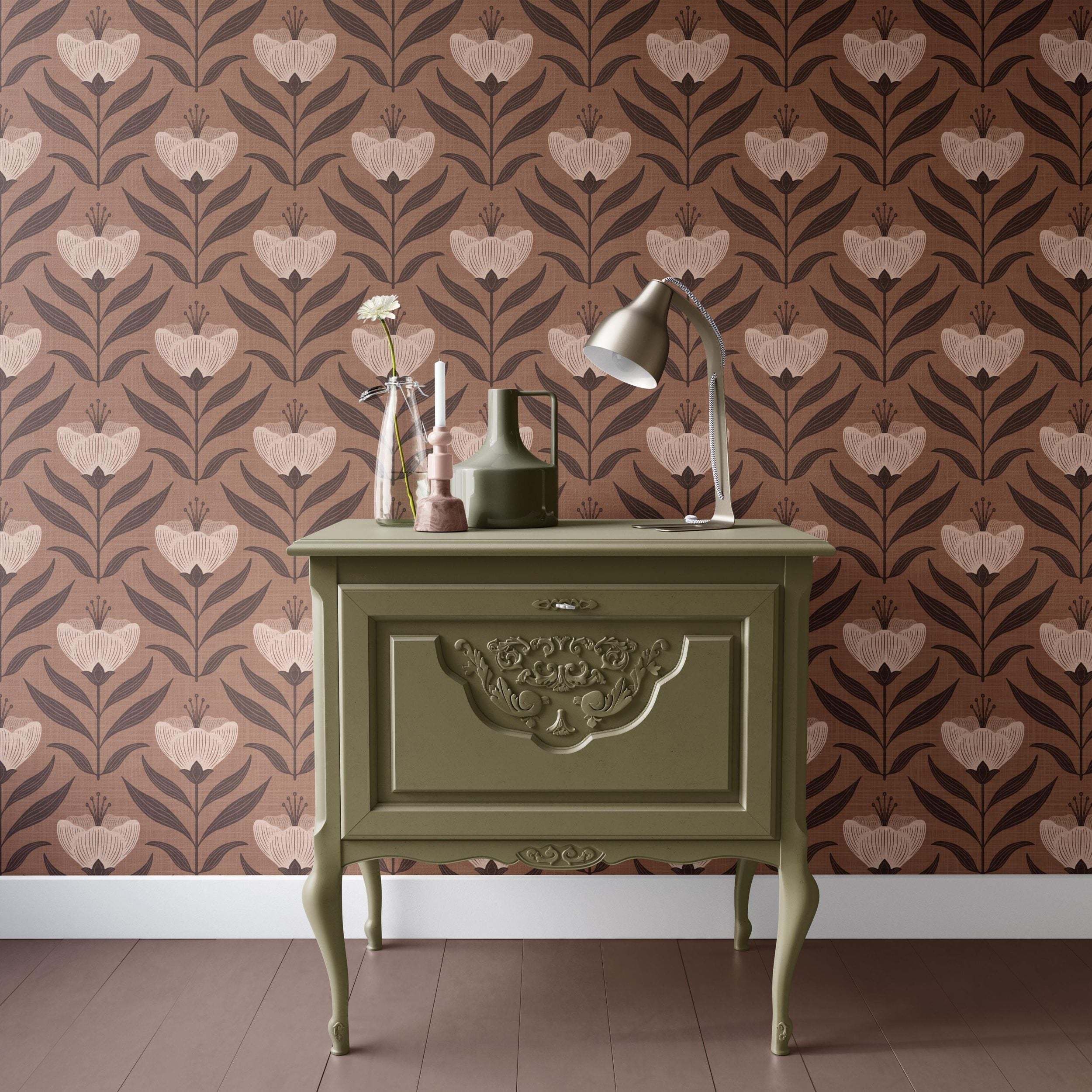 Removable damage, free, renter friendly wallpaper shown in picture in floral print against mocha brown background. Featured as a statement wall behind earth, toned furniture to display it’s cozy, rustic feel.