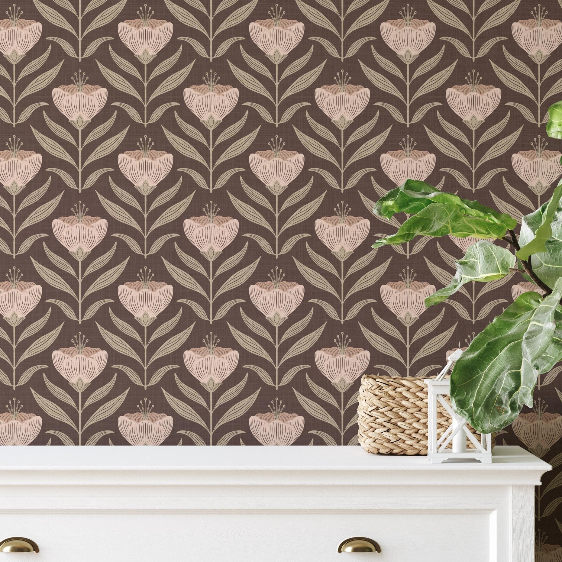 Emma Wildflower Floral Wallpaper - Brown wallpaper available in peel and stick (removable), prepasted, and traditional nonpasted / unpasted