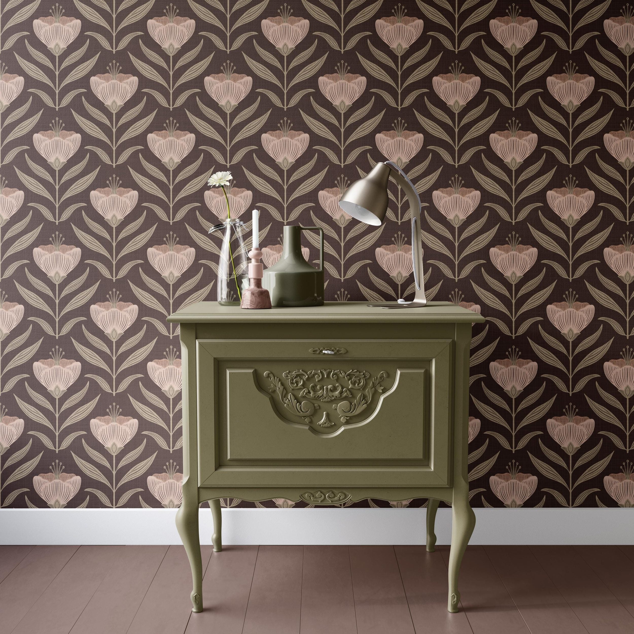 Emma Wildflower Floral Wallpaper - Brown wallpaper available in peel and stick (removable), prepasted, and traditional nonpasted / unpasted
