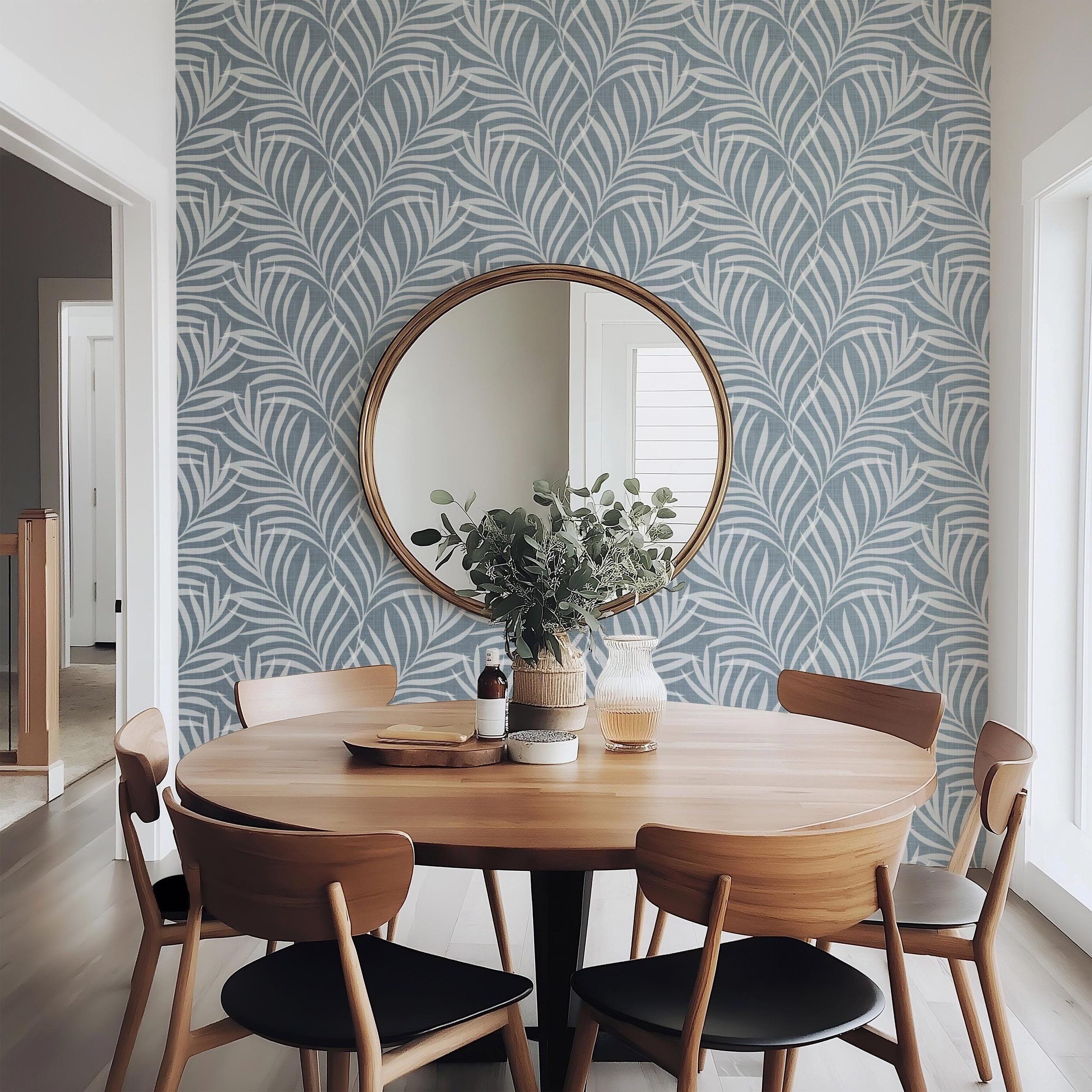 Palm Canopy Wallpaper - Blue wallpaper available in peel and stick (removable), prepasted, and traditional nonpasted / unpasted