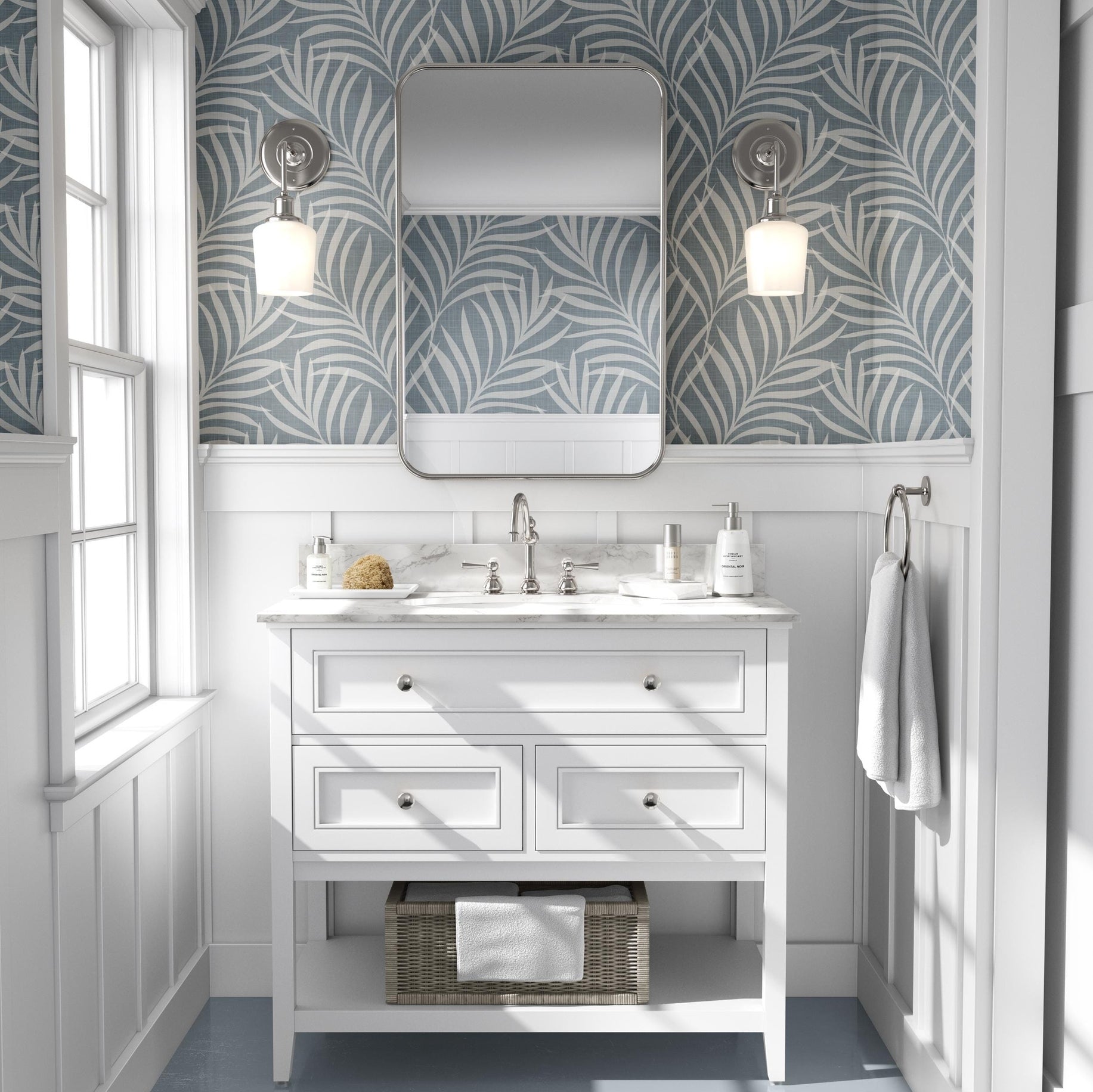 Palm Canopy Wallpaper - Blue wallpaper available in peel and stick (removable), prepasted, and traditional nonpasted / unpasted