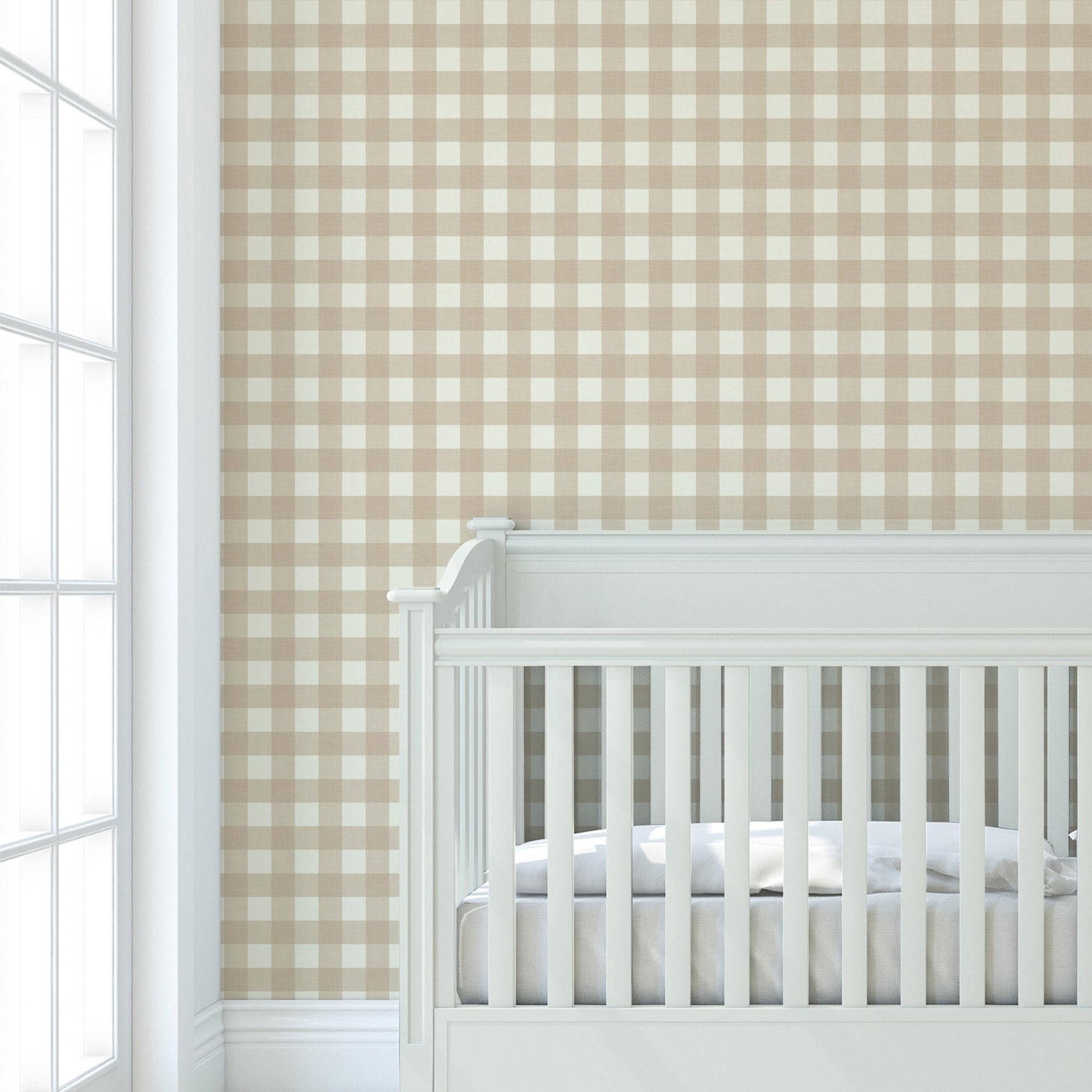 shown on nursery accent wall, this Beige and taupe gingham wallpaper, also known as buffalo check or buffalo plaid. Designed with a soft linen texture and warm neutral tones, perfect for cottagecore, boho, or farmhouse interiors. A cozy choice for boys’ nurseries, gender-neutral kids’ rooms, kitchens, or entryways. This removable wallpaper is eco-friendly, made in the USA, and created by an independent artist—ideal for renter-friendly accent walls and stylish DIY home projects.