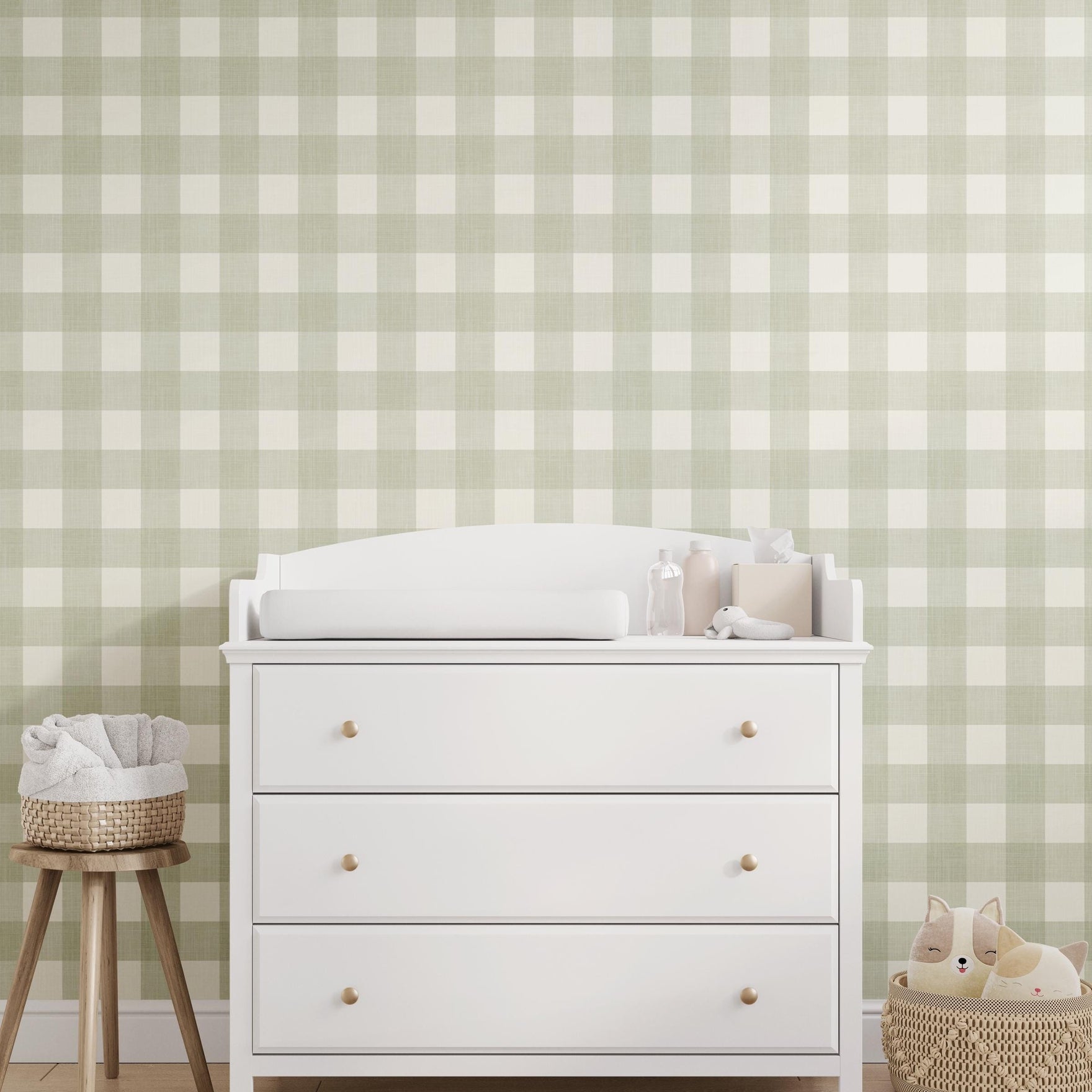 light sage olive green gingham removable wallpaper with a linen look texture and roughly 3" squares featured on nursery accent wall