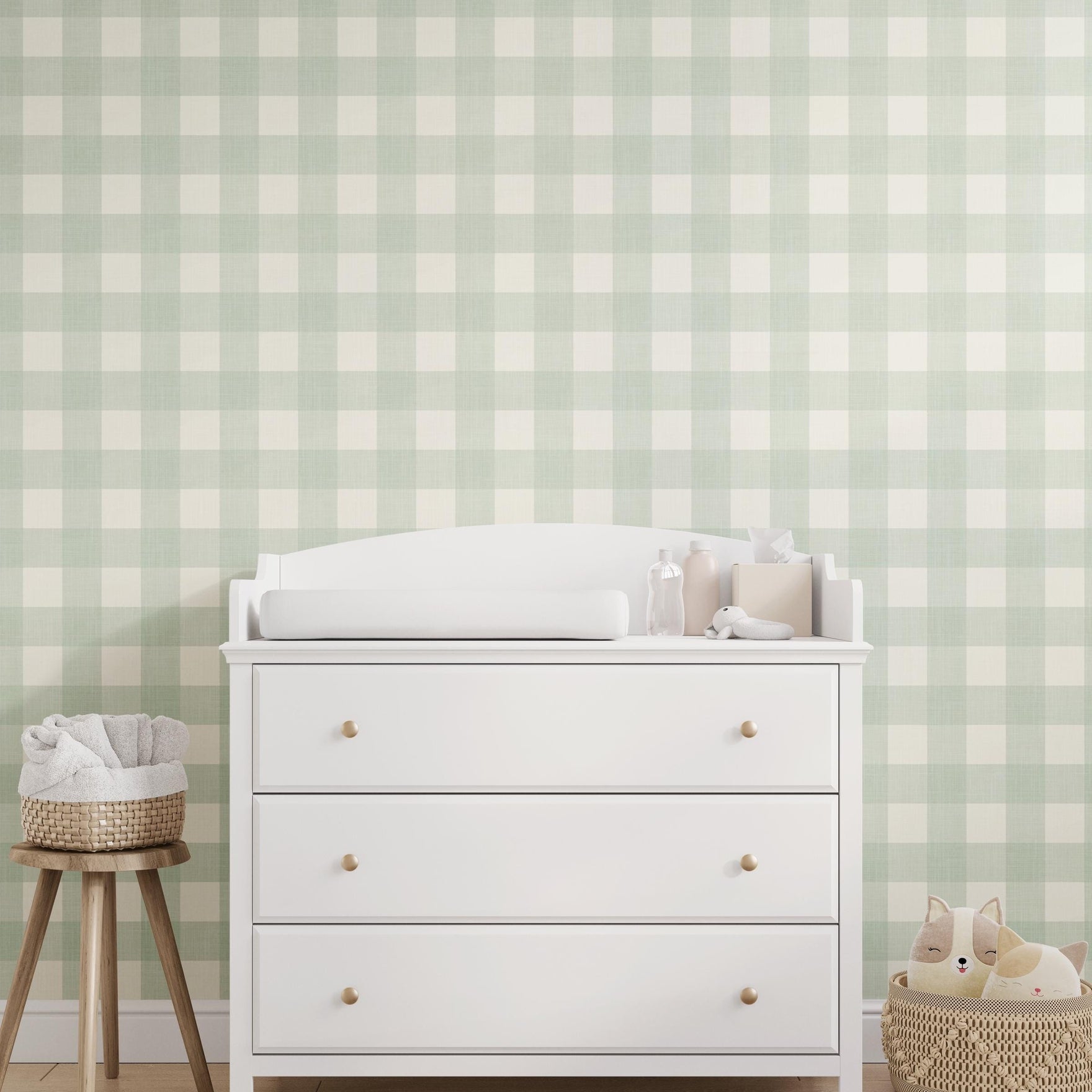 Gingham Wallpaper Sage Green Buffalo Check Plaid Peel and Stick Removable Renter Friendly Wallpaper shown on accent wall in baby toddler room with a neutral earth tone gender neutral feel.