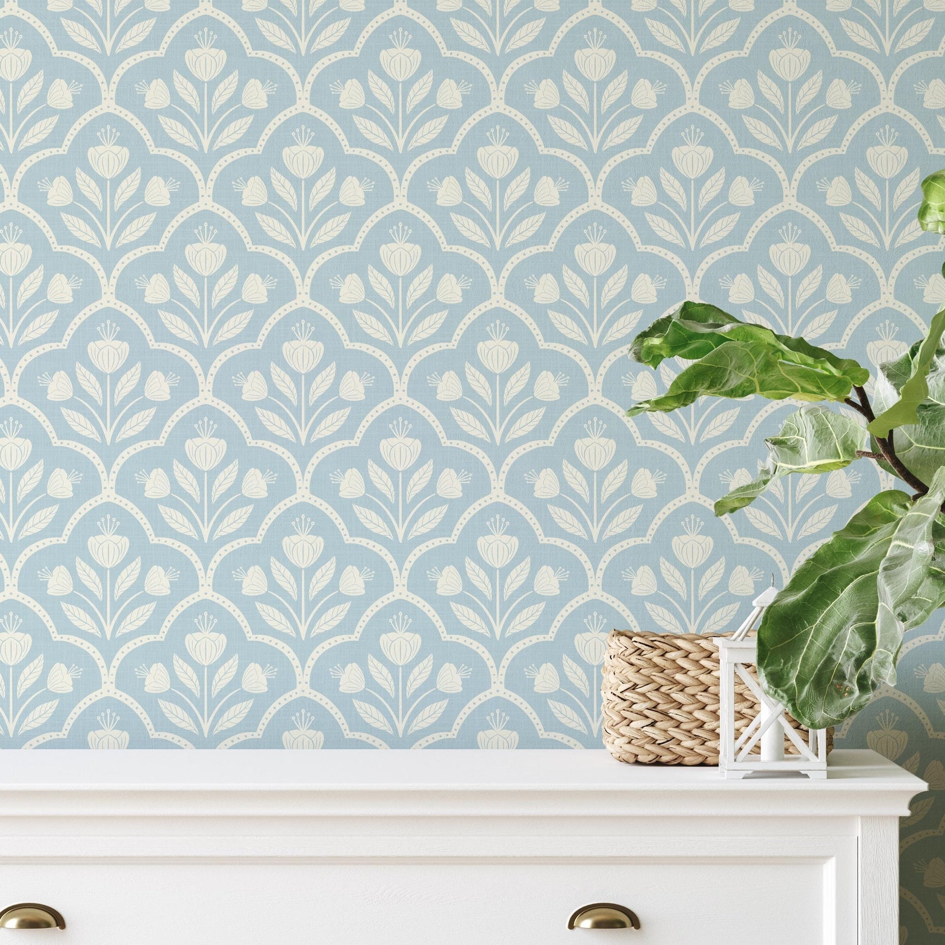Wallpaper Removable in peel and stick or Pre-Pasted. A light blue pastel Cottagecore Wildflower Floral for Baby Nursery, Bathroom, Laundry Room Accent wall.