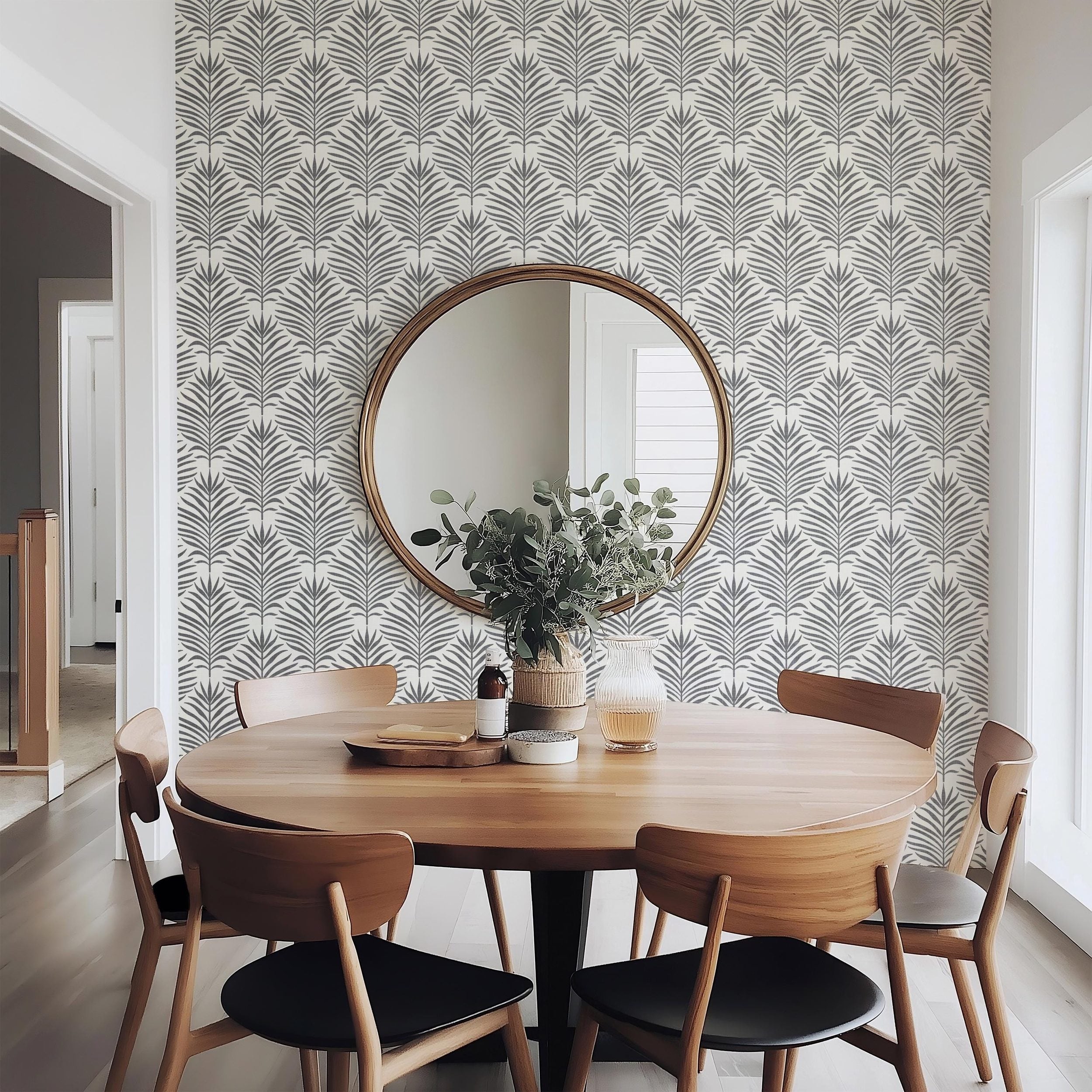 Palm Breeze Wallpaper - Black and White wallpaper available in peel and stick (removable), prepasted, and traditional nonpasted / unpasted