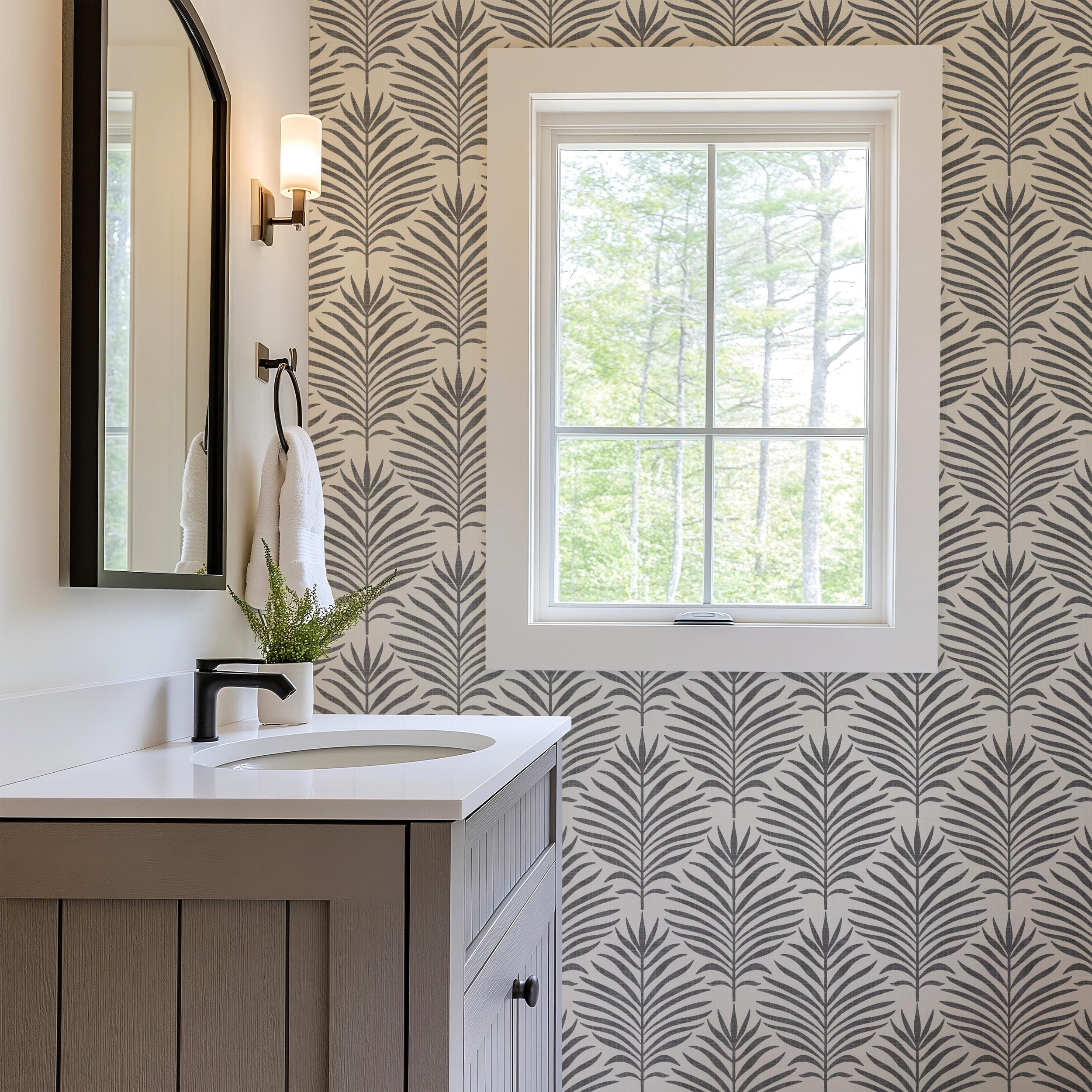 Palm Breeze Wallpaper - Black and White wallpaper available in peel and stick (removable), prepasted, and traditional nonpasted / unpasted