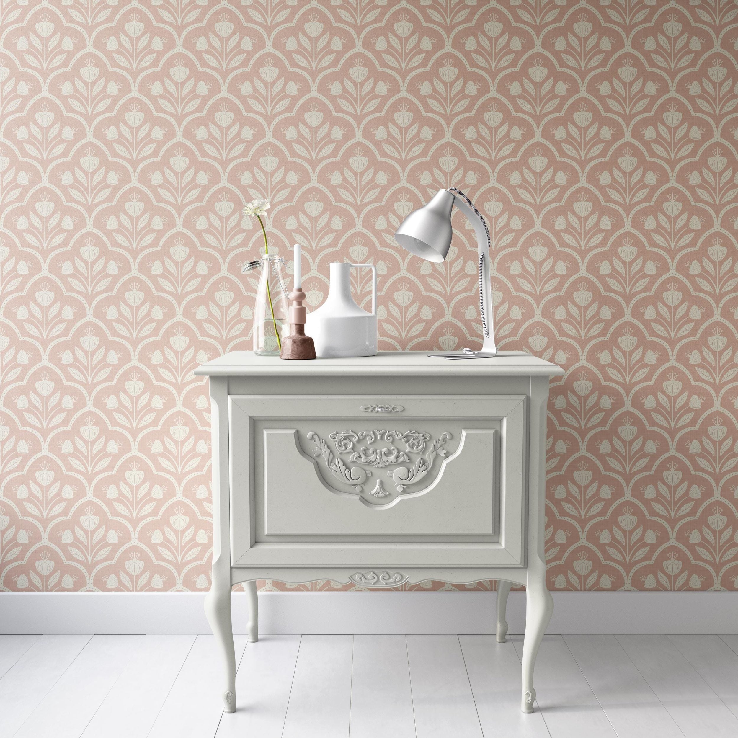 Pastel pink floral wallpaper with a repeating wildflower pattern in a soft coquette style, ideal for baby girl nurseries, tween rooms, or romantic accent walls. featured as statement wall.