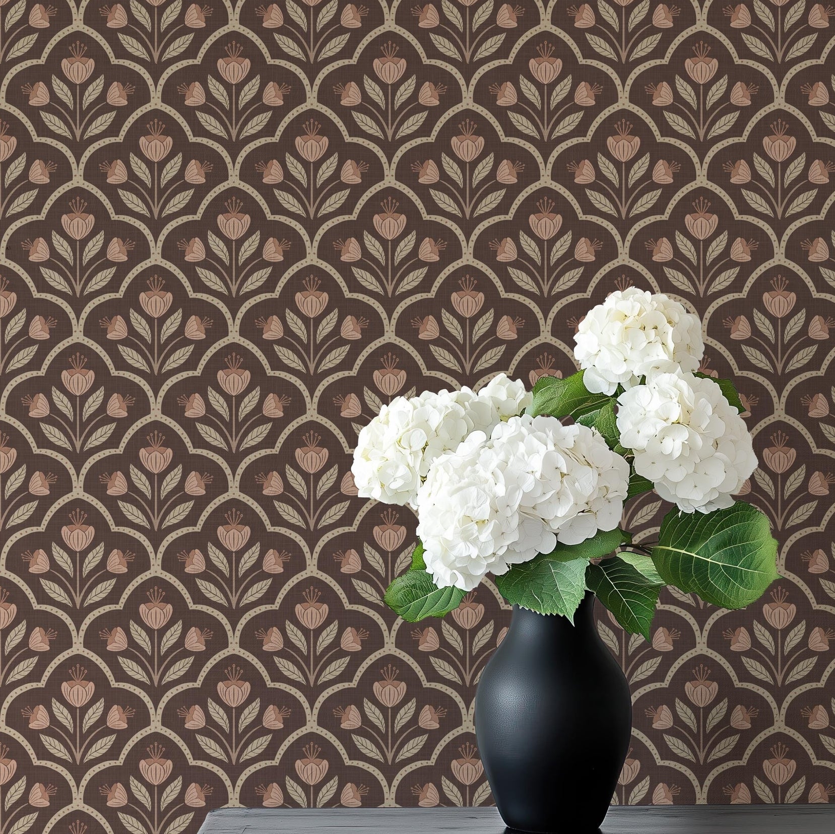 Floral Medallion Wallpaper - Brown wallpaper available in peel and stick (removable), prepasted, and traditional nonpasted / unpasted