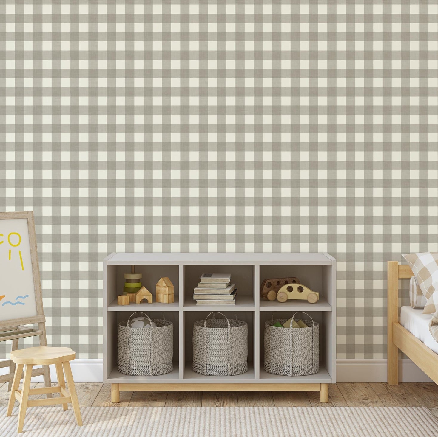Gray and off white Gingham Wallpaper also called Buffalo Check Plaid. A Preppy Modern Farmhouse print available in removable peel and stick or prepasted. Perfect for Baby boy nursery wallpaper, teen room, classic laundry room accent wall, and traditional and preppy home decor.