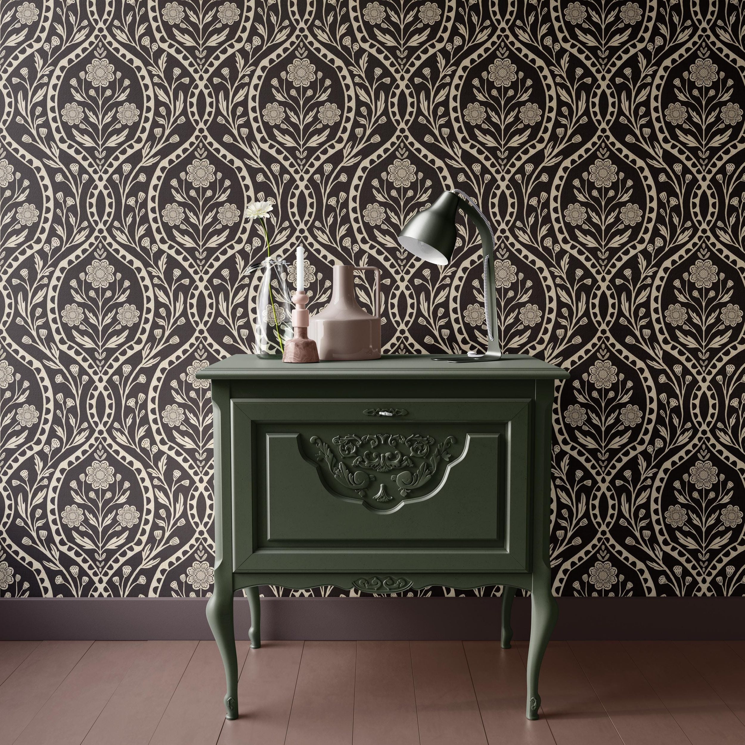 Dark Academia Moody Wallpaper in Peel and Stick or Prepasted Removable. This black and white Vintage style Botanical Wildflower Damask was created from a hand drawn illustration. Fits into Gothic Heritage Decor