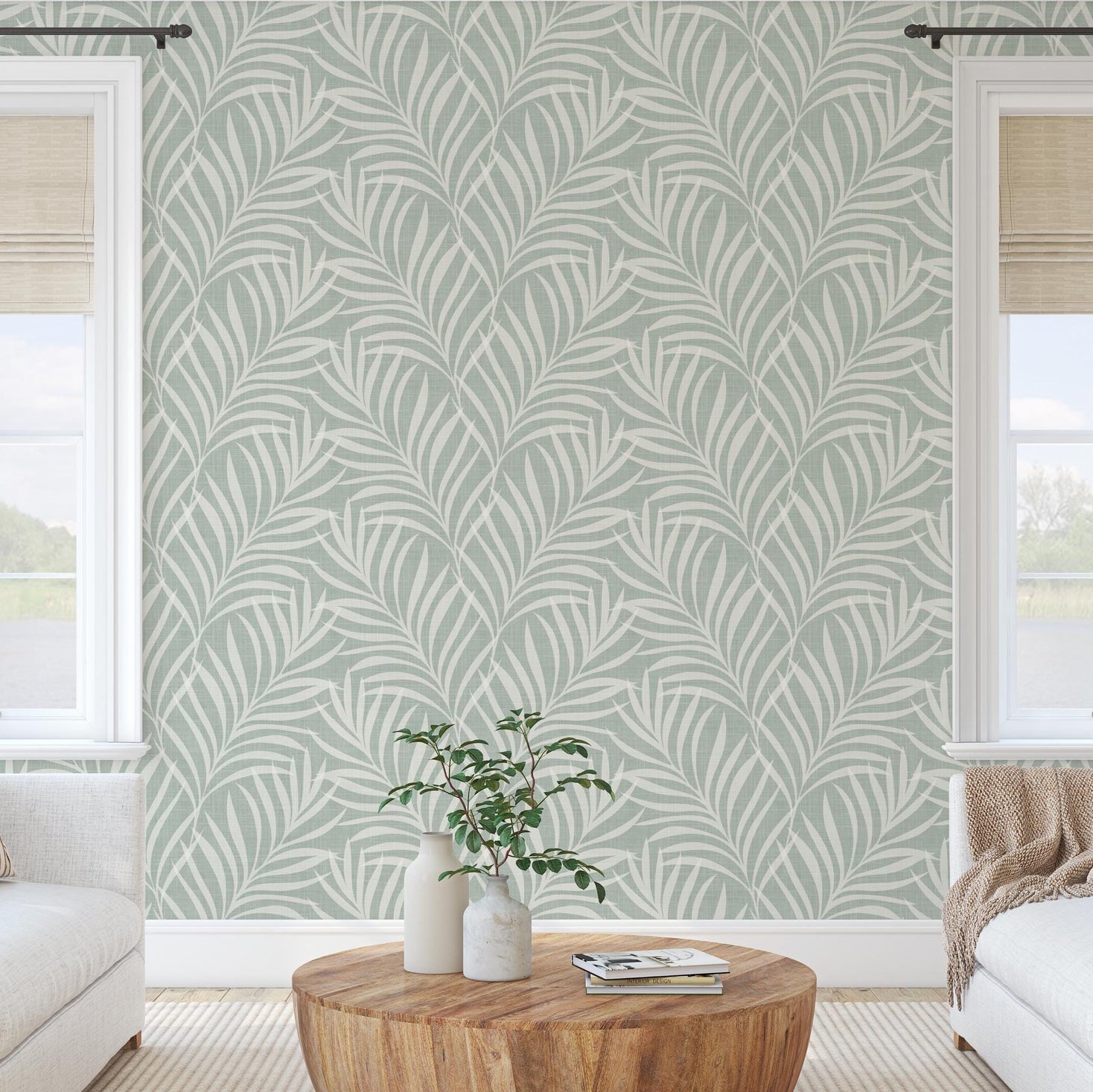 sage green palm leaf wallpaper with a coastal boho botanical style, perfect for nursery, bathroom, or bedroom walls. Available in peel and stick, prepasted, and sample options.