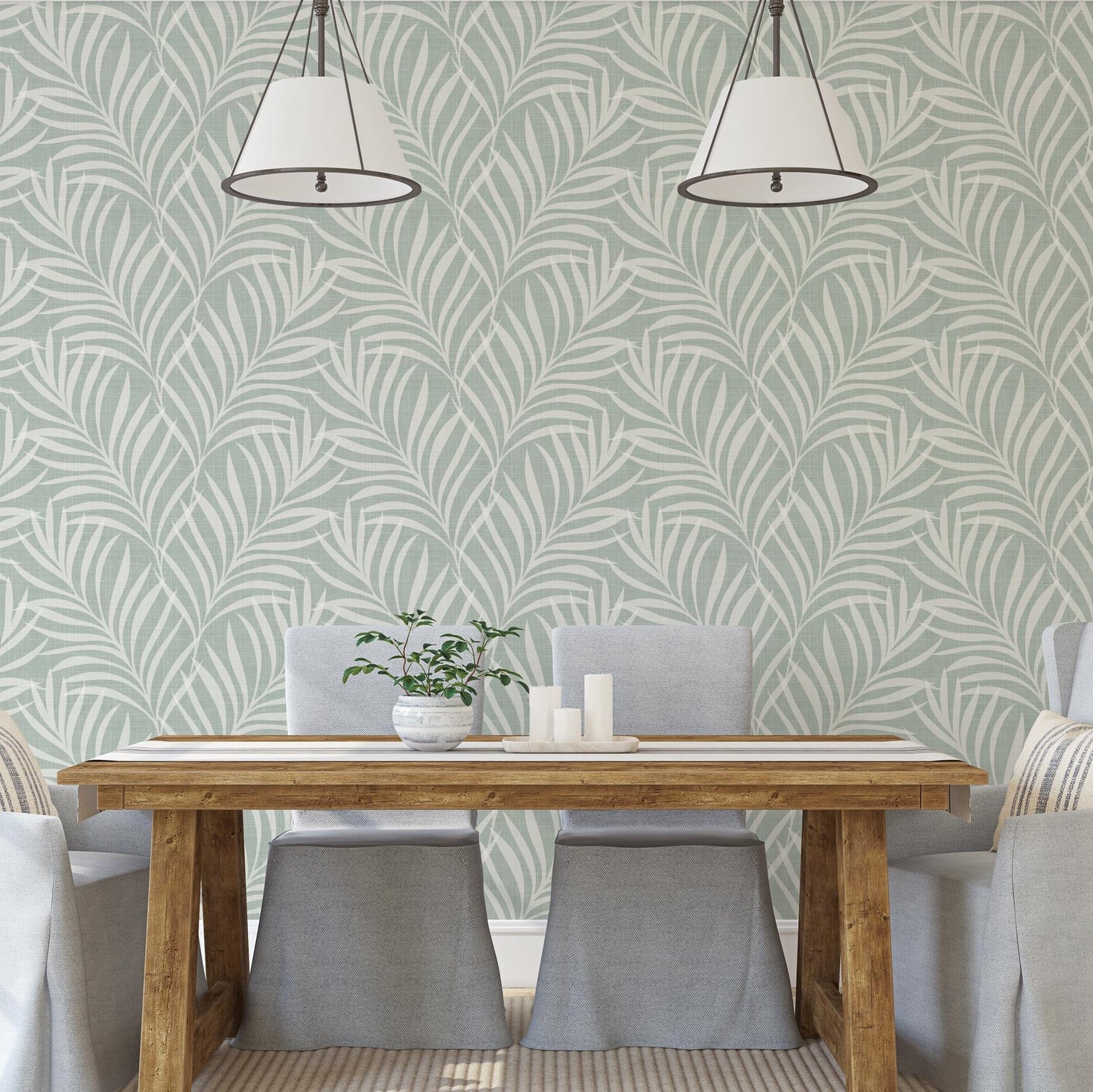 sage green palm leaf wallpaper with a coastal boho botanical style, perfect for nursery, bathroom, or bedroom walls. Available in peel and stick, prepasted, and sample options.