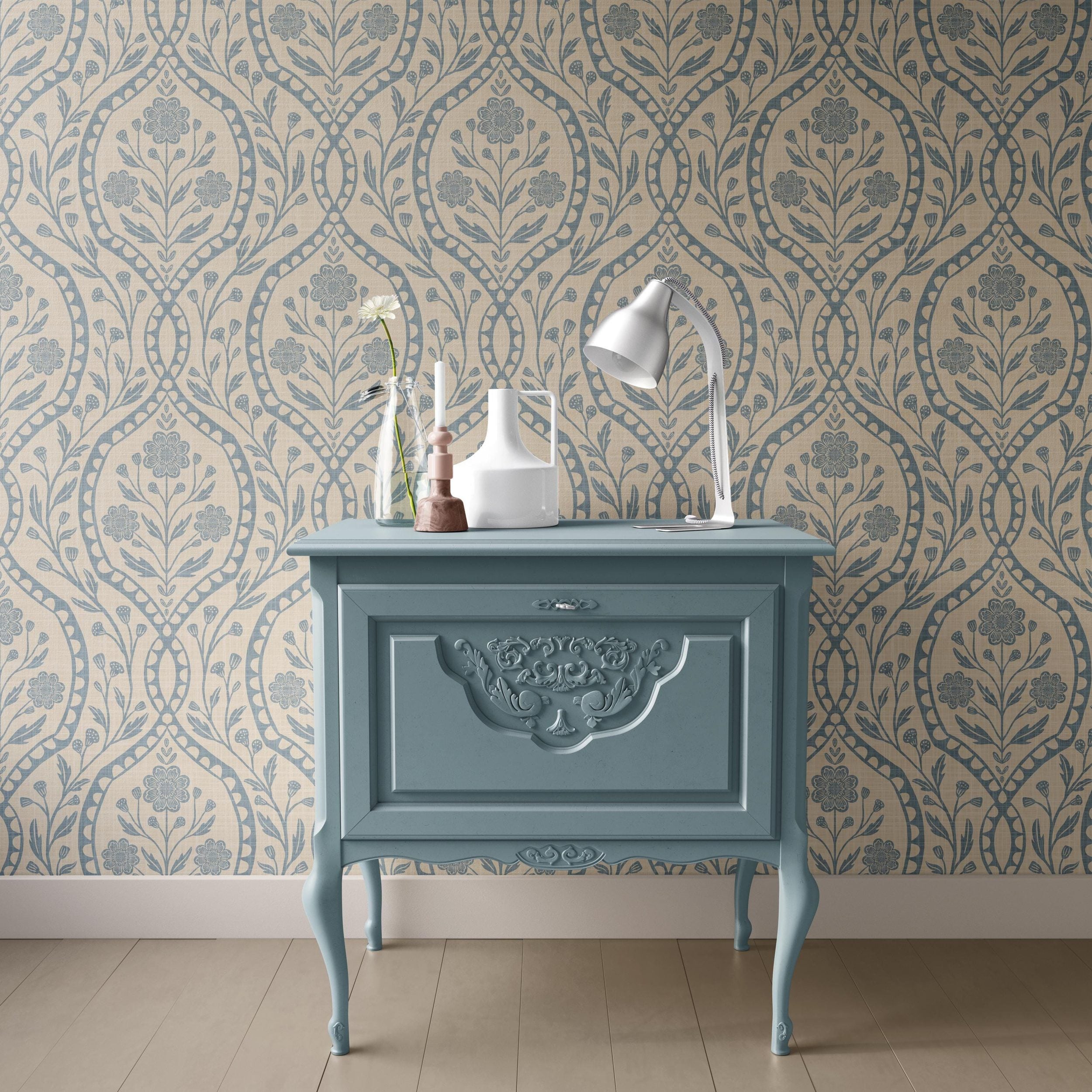 French Country peel and stick or prepasted removable Wallpaper in Neutral with blue wildflower floral details in an elegant damask with subtle faux linen texture. A perfect vintage inspired elegant botanical for nursery, bedroom, bathroom, living room, dining room or accent wall.