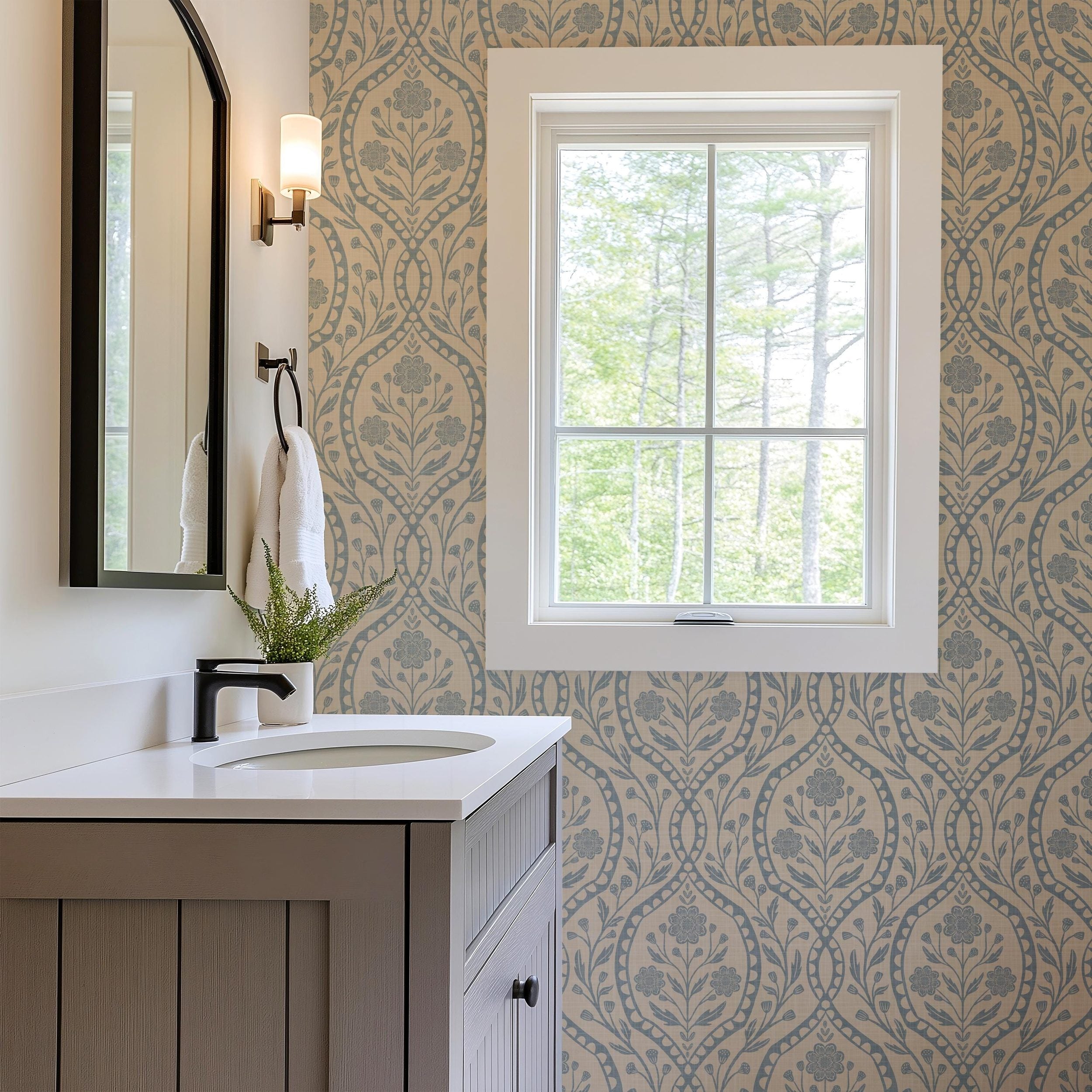 French Country peel and stick or prepasted removable Wallpaper in Neutral with blue wildflower floral details in an elegant damask with subtle faux linen texture. A perfect vintage inspired elegant botanical for nursery, bedroom, bathroom, living room, dining room or accent wall.