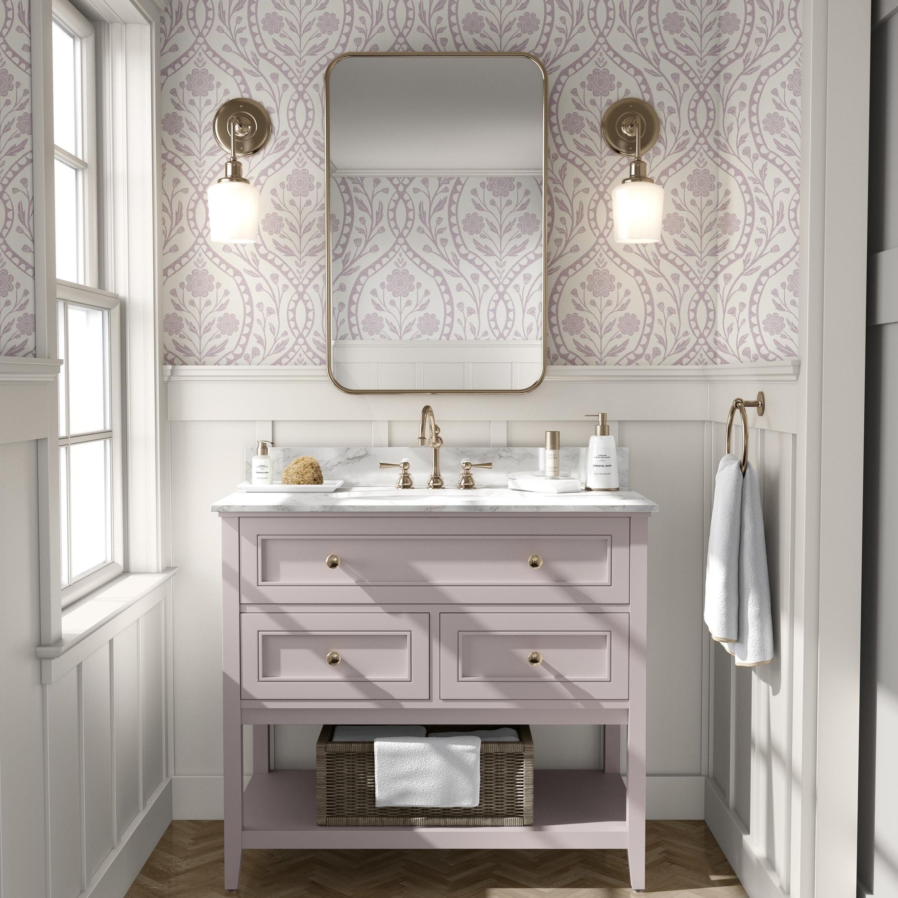 Timeless Baby Girl Nursery Wallpaper in Pastel Purple floral damask on off white background. This elegant wildflower print is shown as Removable Peel & Stick or Prepasted perfect for Victorian, French Country, Cottagecore aesthetics. Featured in bathroom or powder room as accent wall.