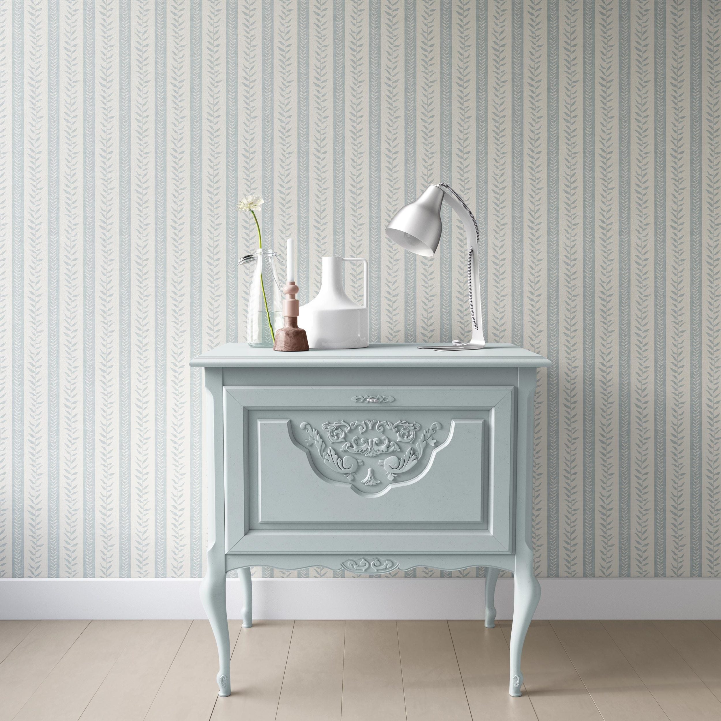 modern coastal wallpaper with tropical botanical stripe in light blue and white for baby boy nursery, bedroom, bathroom accent wall, or calming beach home inspired spaces. Shown in peel and stick or prepasted removable renter friendly wallpaper.