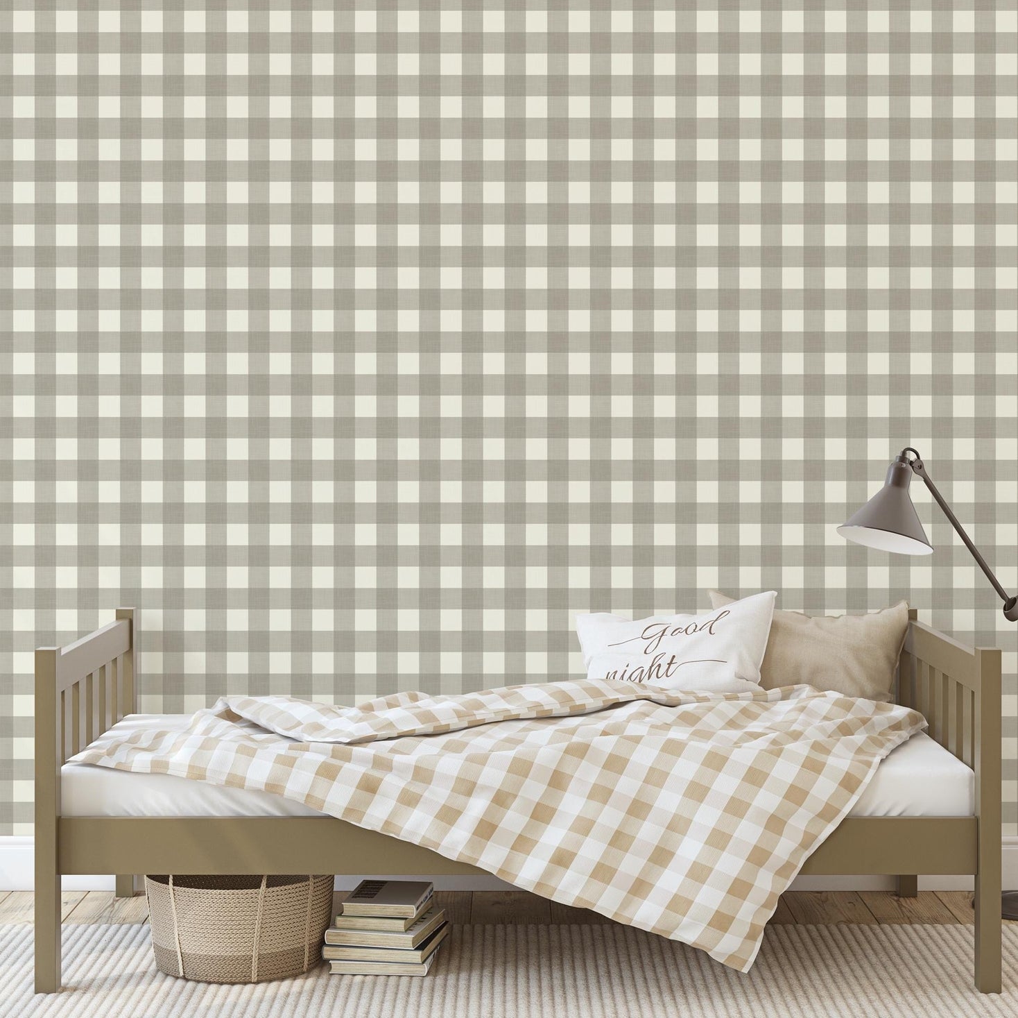 Gray and off white Gingham Wallpaper also called Buffalo Check Plaid. A Preppy Modern Farmhouse print available in removable peel and stick or prepasted. Perfect for Baby boy nursery wallpaper, teen room, classic laundry room accent wall, and traditional and preppy home decor.