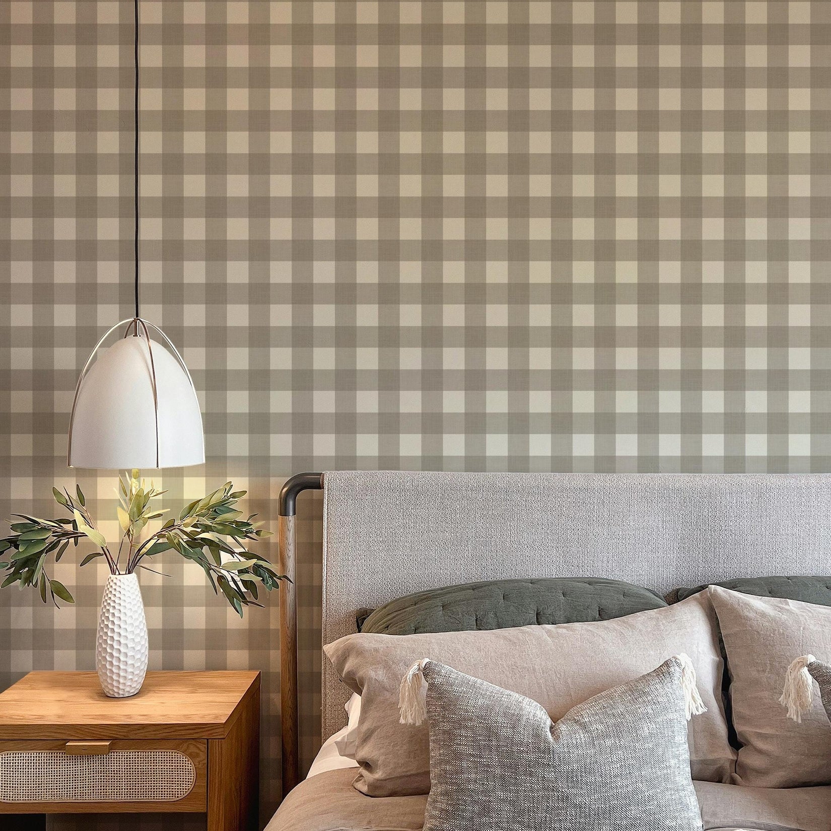 Gray and off white Gingham Wallpaper also called Buffalo Check Plaid. A Preppy Modern Farmhouse print available in removable peel and stick or prepasted. Perfect for Baby boy nursery wallpaper, teen room, classic laundry room accent wall, and traditional and preppy home decor.