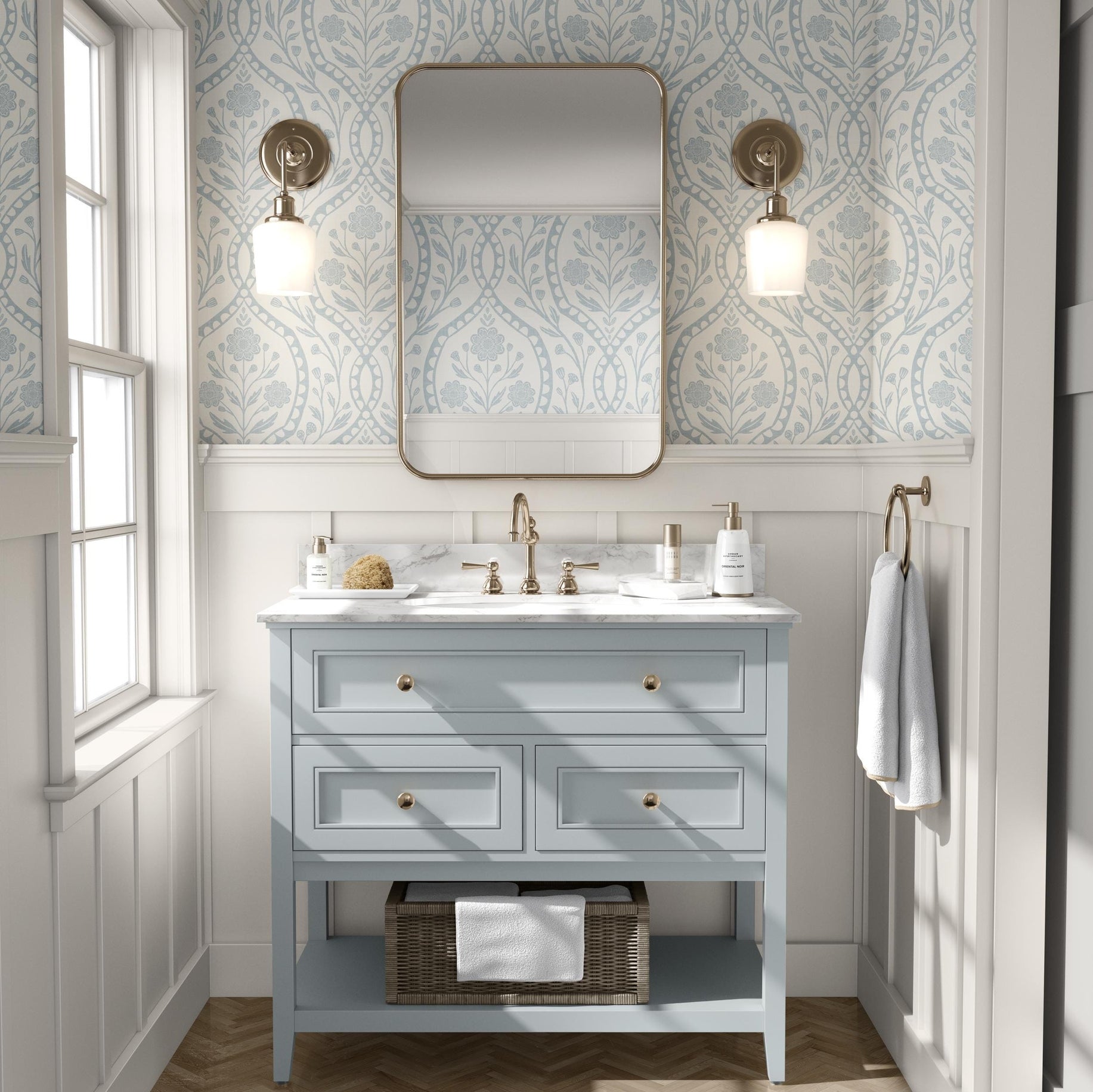 Light blue French country wallpaper with elegant wildflowers on an off-white background. Renter-friendly design for nursery, bedroom, or bathroom wall.