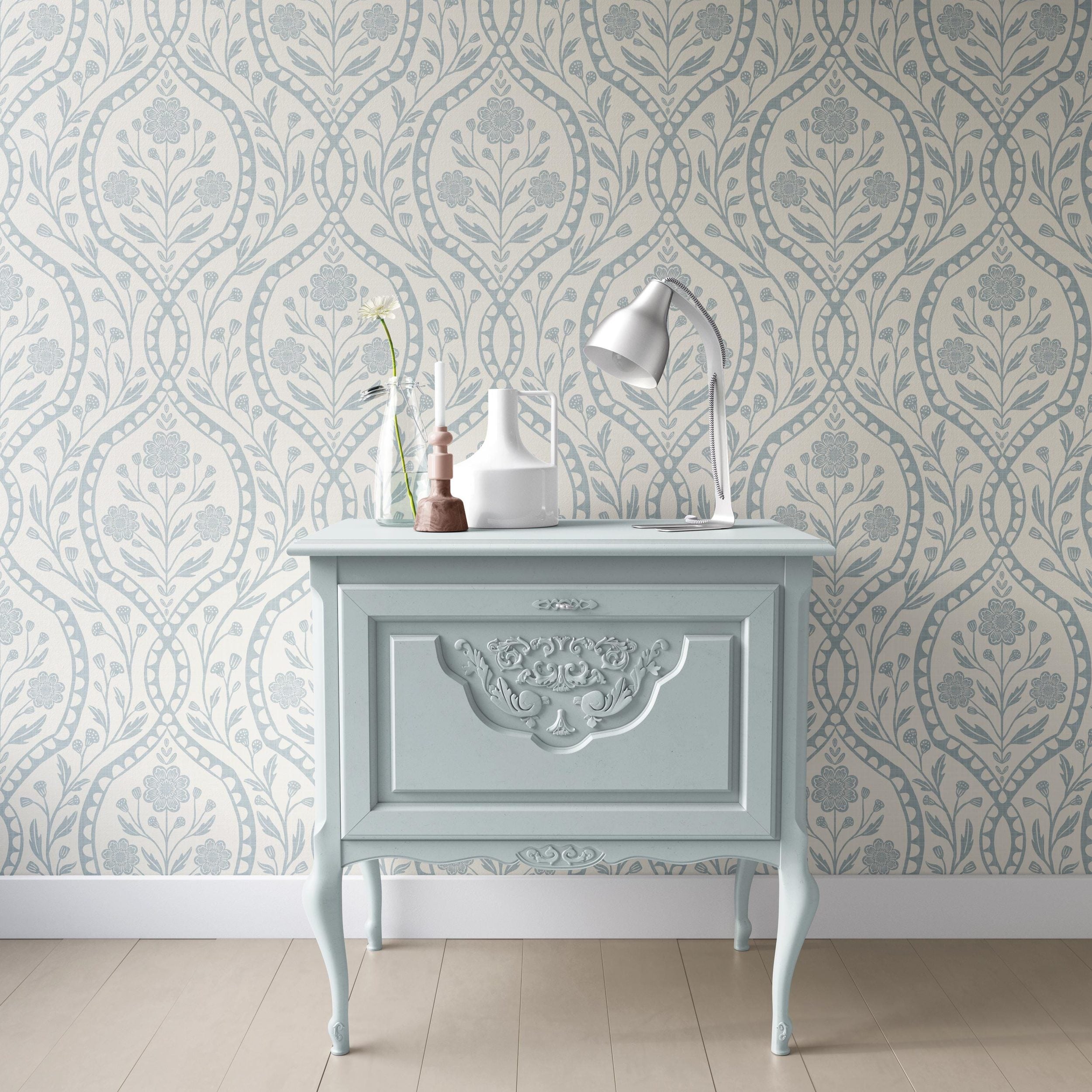 Light blue French country wallpaper with elegant wildflowers on an off-white background. Renter-friendly design for nursery, bedroom, or bathroom wall.