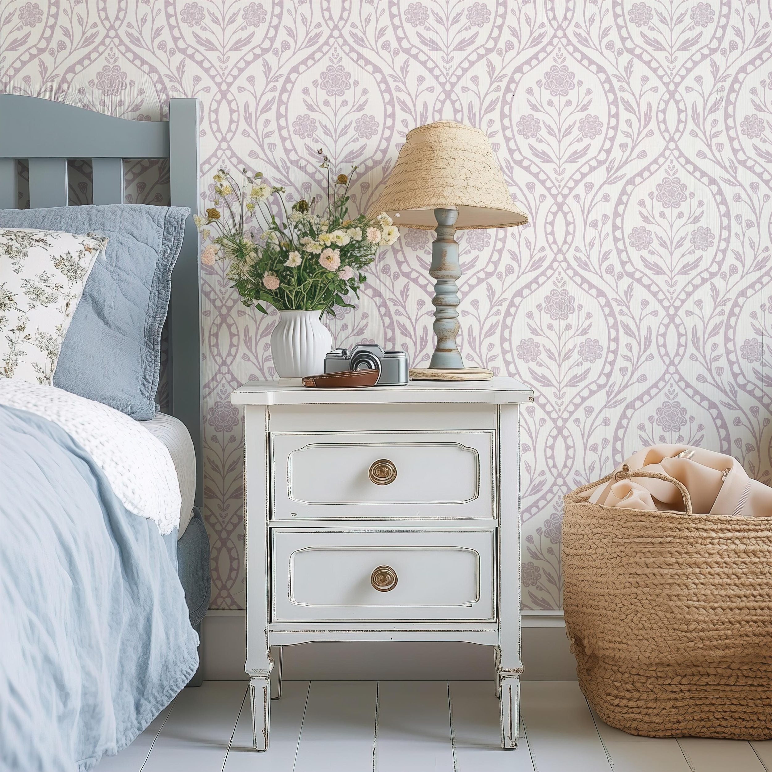 Timeless Baby Girl Nursery Wallpaper in Pastel Purple floral damask on off white background. This elegant wildflower print is shown as Removable Peel & Stick or Prepasted perfect for Victorian, French Country, Cottagecore aesthetics.