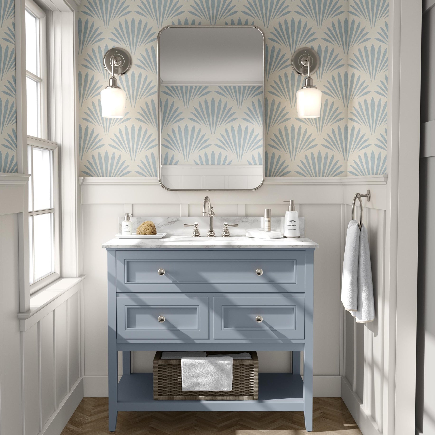 light blue mediterranean scallop wallpaper resembling floral or seashell. Art Deco inspired and fitting into a modern coastal interior. Shown in removable renter friendly peel and stick or prepasted, perfect for coastal bathrooms, bedrooms, or accent walls in mid century modern interiors