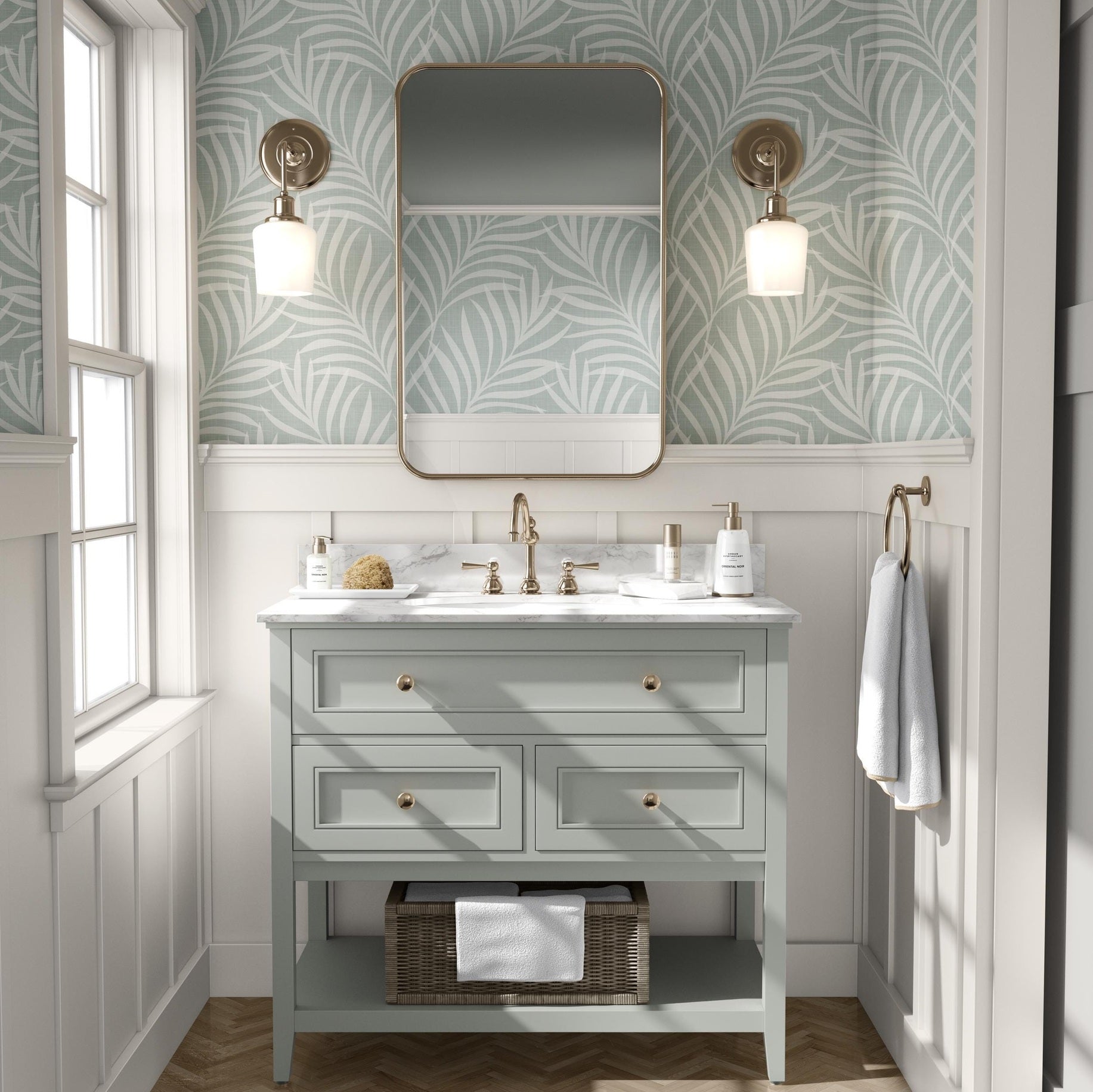 sage green palm leaf wallpaper with a coastal boho botanical style, perfect for nursery, bathroom, or bedroom walls. Available in peel and stick, prepasted, and sample options.