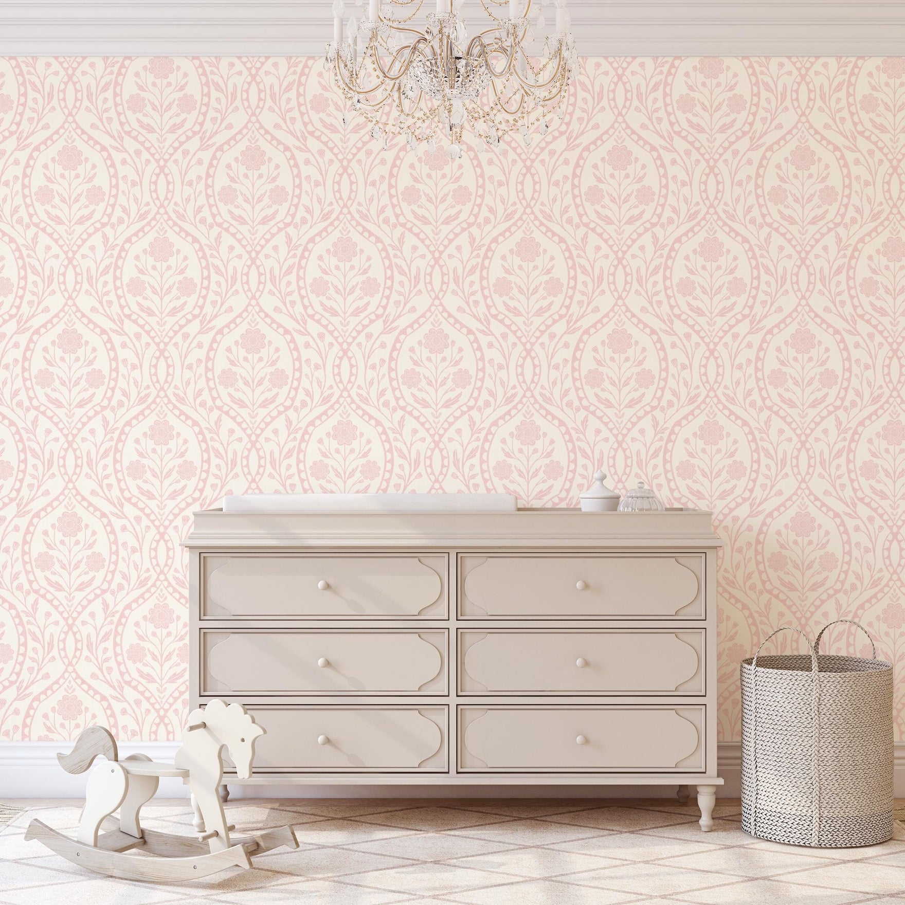 Baby girl nursery wallpaper in pink wildflower floral damask. Removable prepasted, peel and stick and samples for tween room, cottagecore or Victorian home decor. A feminine romantic coquette pastel design.