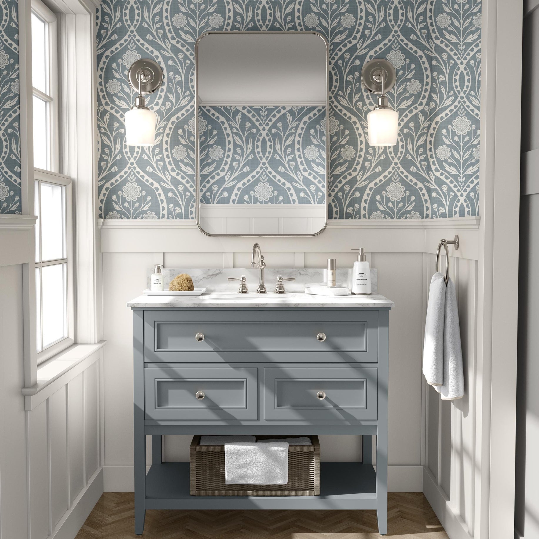 blue and white floral wallpaper with a wildflower floral damask pattern. Shown in peel and stick or prepasted for a removable renter friendly option for traditional or french country aesthetic suitable for baby nursery, bedroom, bathroom, kitchen or dining room.