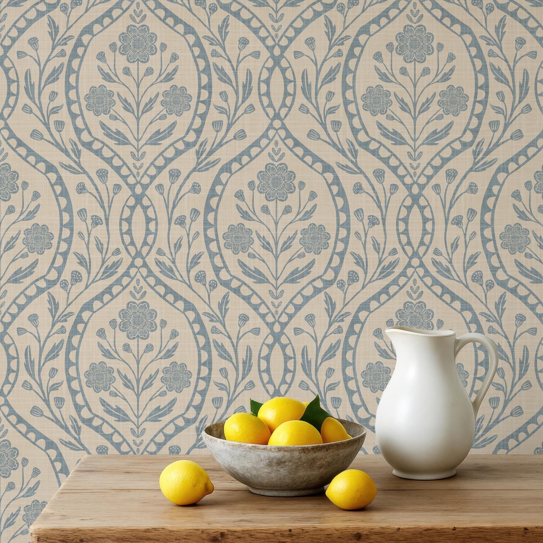 French Country peel and stick or prepasted removable Wallpaper in Neutral with blue wildflower floral details in an elegant damask with subtle faux linen texture. A perfect vintage inspired elegant botanical for nursery, bedroom, bathroom, living room, dining room or accent wall.