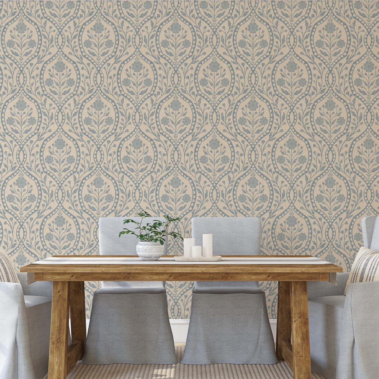 French Country peel and stick or prepasted removable Wallpaper in Neutral with blue wildflower floral details in an elegant damask with subtle faux linen texture. A perfect vintage inspired elegant botanical for nursery, bedroom, bathroom, living room, dining room or accent wall.