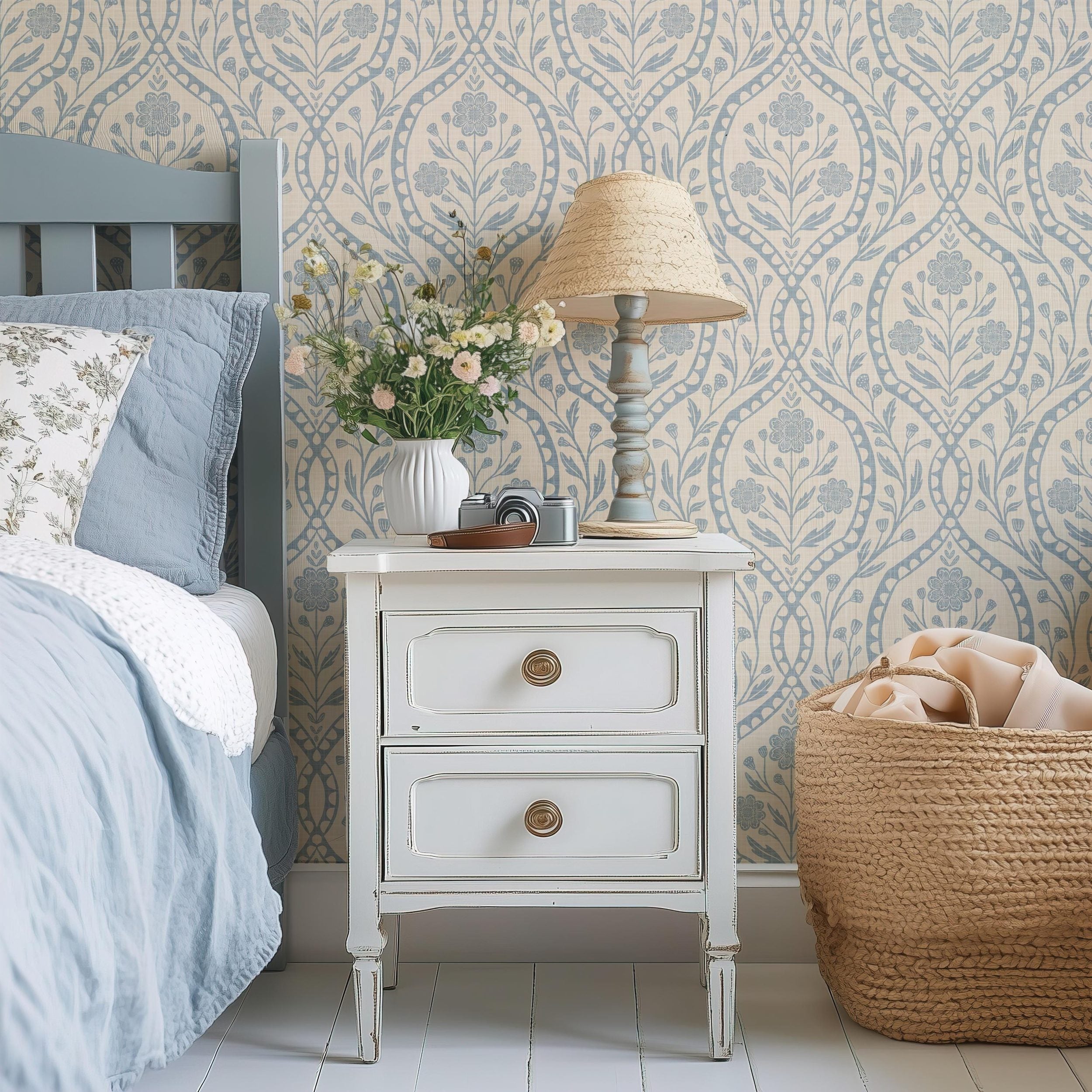 French Country peel and stick or prepasted removable Wallpaper in Neutral with blue wildflower floral details in an elegant damask with subtle faux linen texture. A perfect vintage inspired elegant botanical for nursery, bedroom, bathroom, living room, dining room or accent wall.