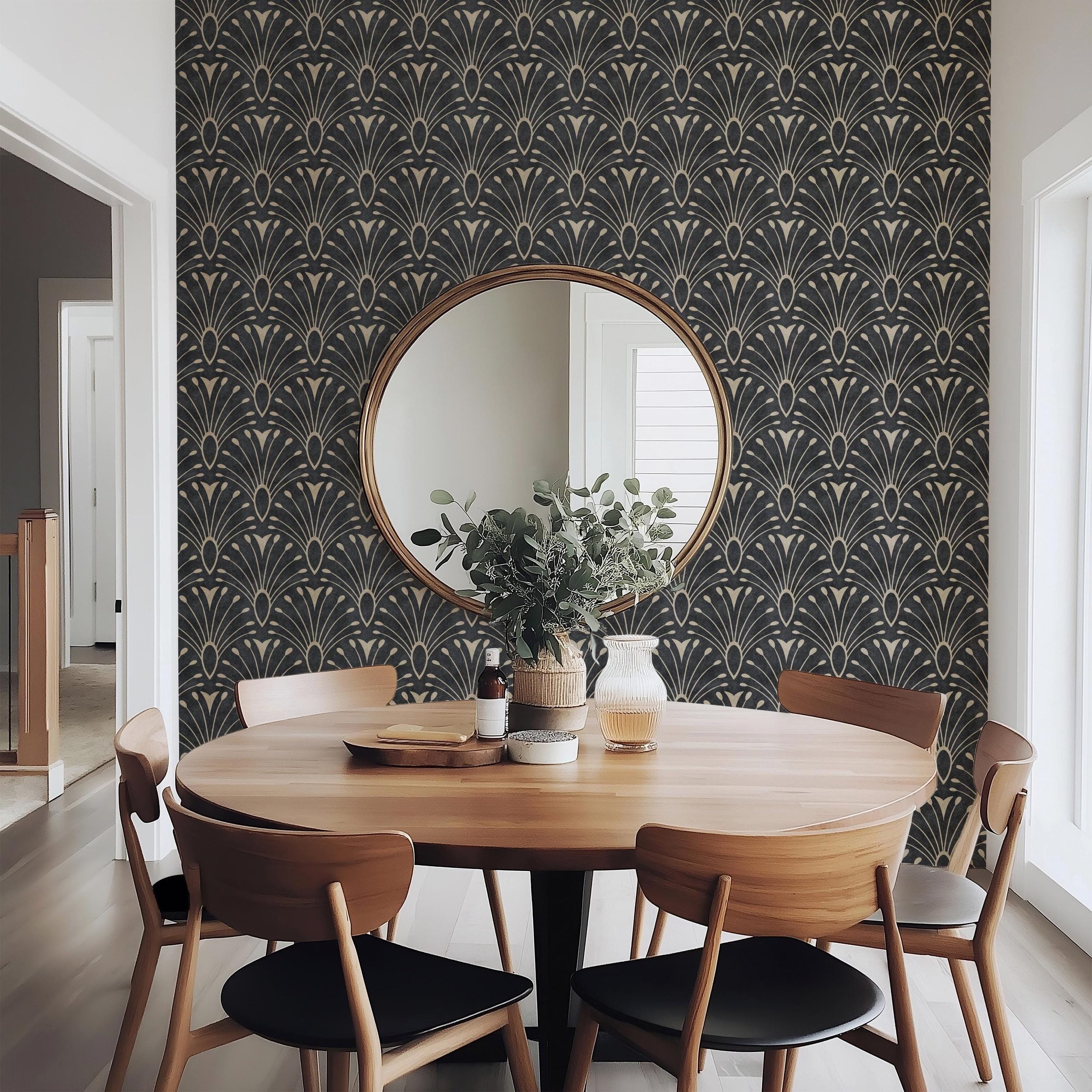 removable peel and stick or prepasted wallpaper with black art deco abstract feather fan pattern in tiled scallop. this 1920s glam print is perfect for a dark moody gothic, maximalist or mid century modern aesthetic for bathrooms, bedrooms, dining rooms and home offices.