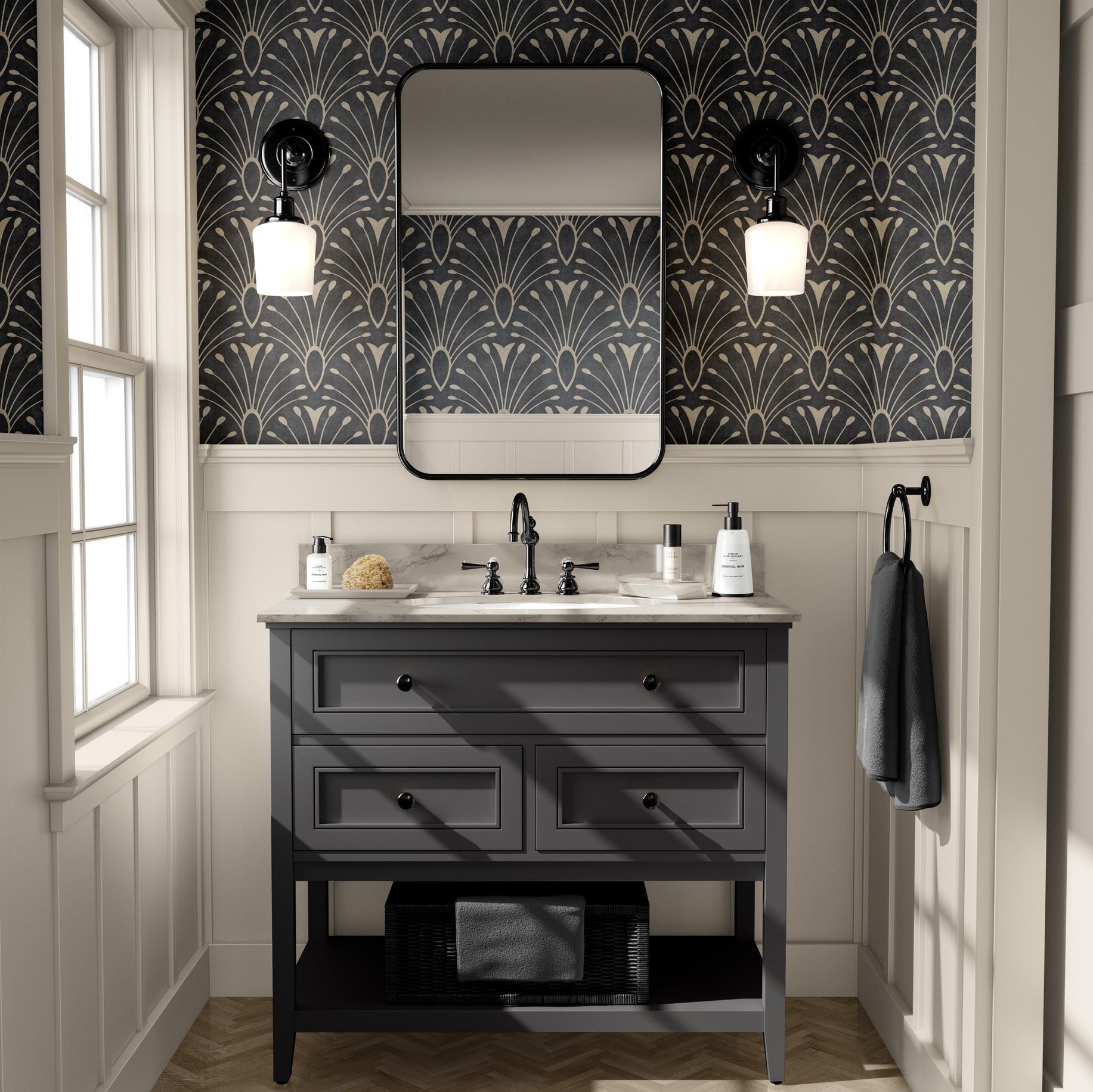 removable peel and stick or prepasted wallpaper with black art deco abstract feather fan pattern in tiled scallop. this 1920s glam print is perfect for a dark moody gothic, maximalist or mid century modern aesthetic for bathrooms, bedrooms, dining rooms and home offices.