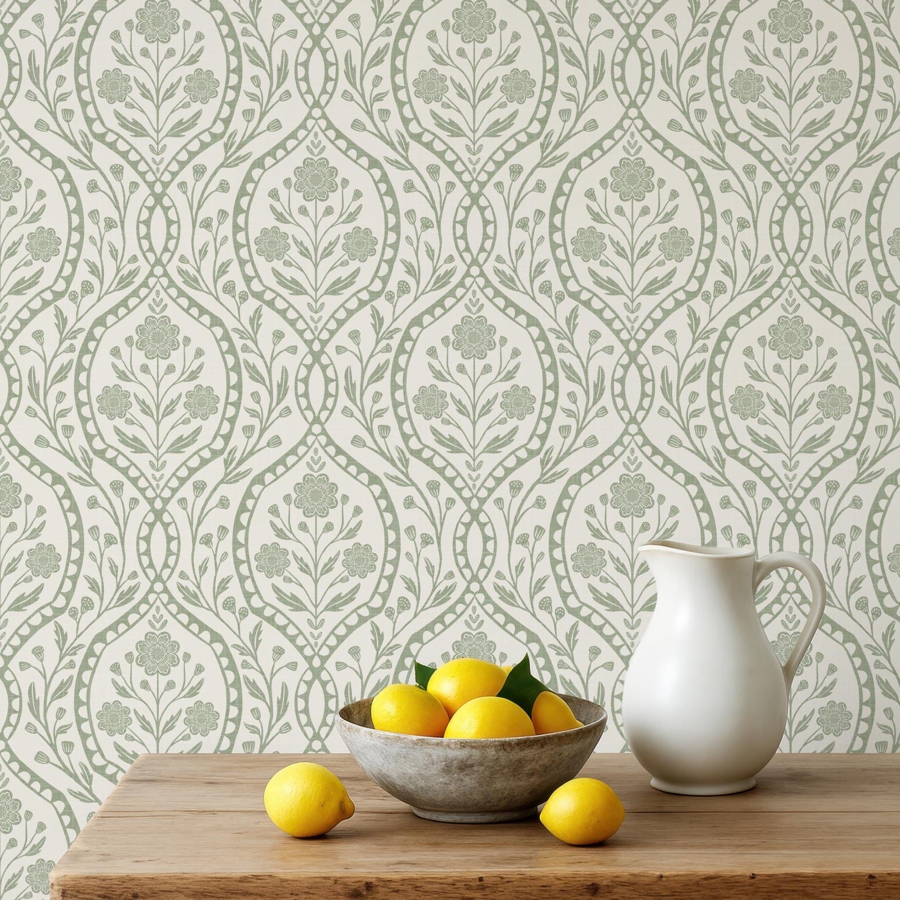 sage green peel and stick or removable prepasted wallpaper in french country wildflower floral botanical damask. An elegant renter friendly option for bathroom, baby nursery, bedroom, living room, powder room or dining room.