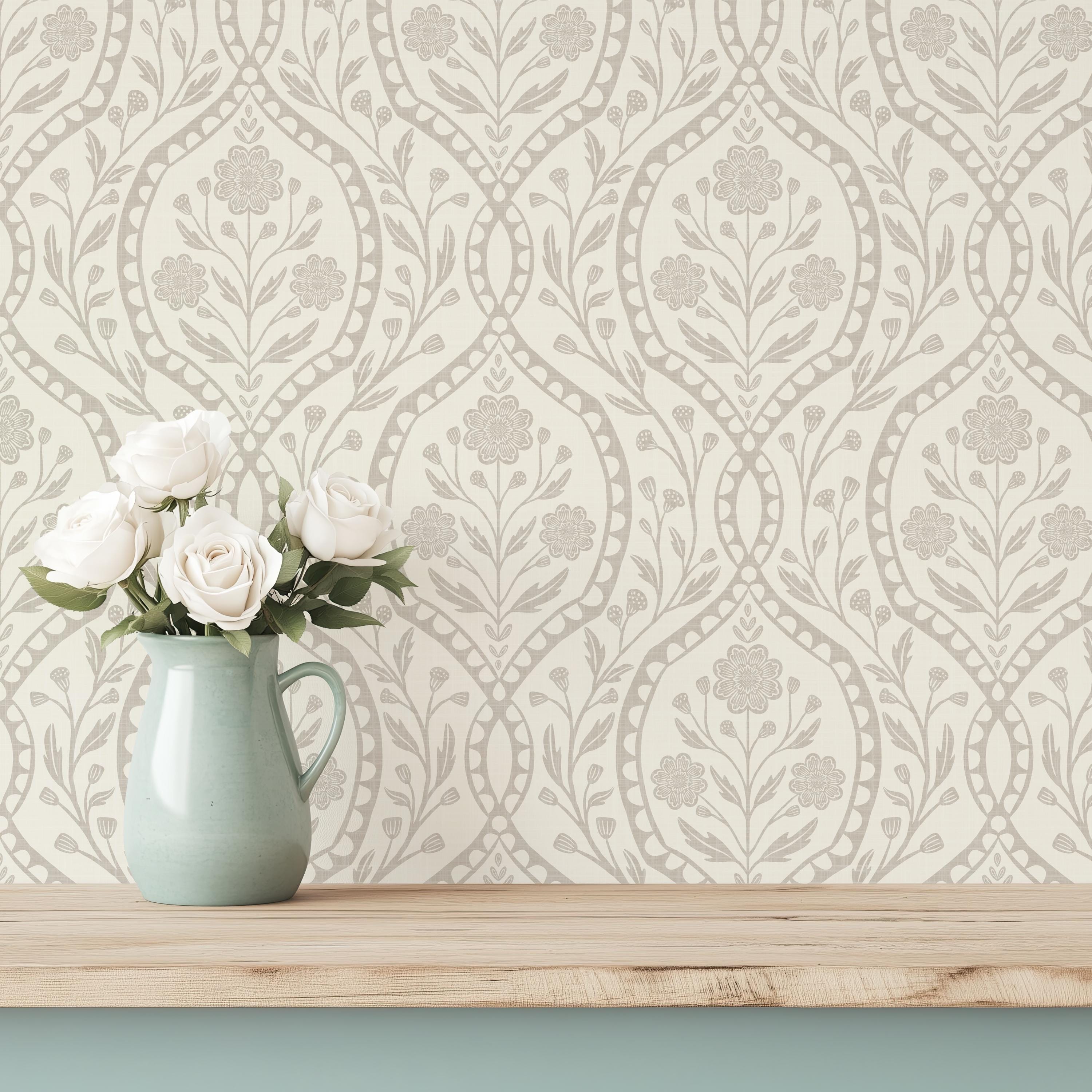neutral beige and off white French country wallpaper with elegant wildflower damask. Renter-friendly subtle botanical design for a timeless baby girl nursery, bedroom, or bathroom wall.