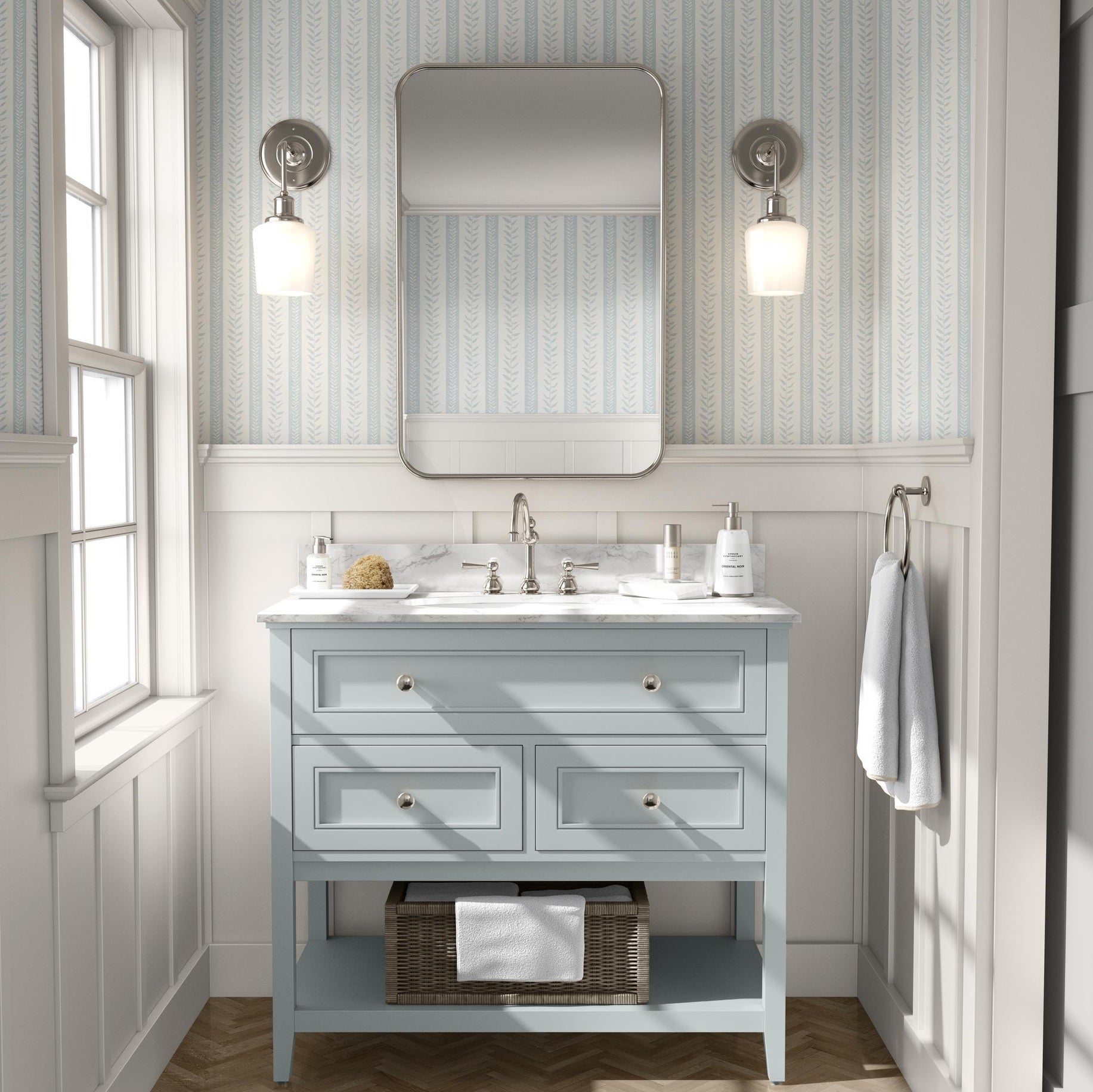 modern coastal wallpaper with tropical botanical stripe in light blue and white for baby boy nursery, bedroom, bathroom accent wall, or calming beach home inspired spaces. Shown in peel and stick or prepasted removable renter friendly wallpaper.