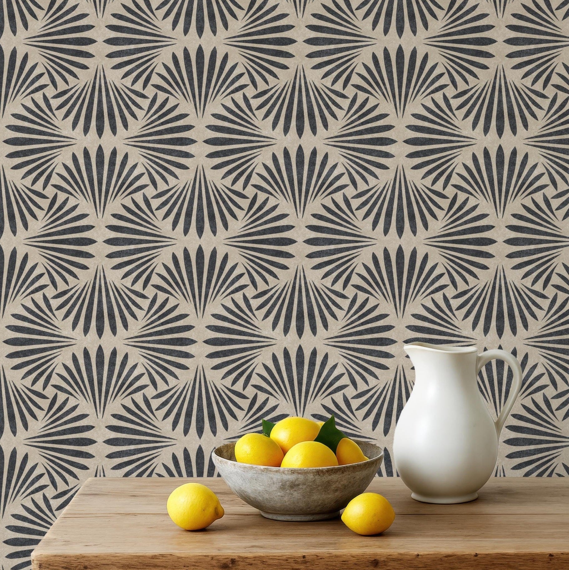 Neutral black and tan art deco moody floral dark botanical wallpaper available in peel and stick and prepasted in a modern tropical boho style with a subtle linen texture, ideal for coastal bedrooms, powder rooms, or Japandi accent walls. featured as bathroom accent wall.