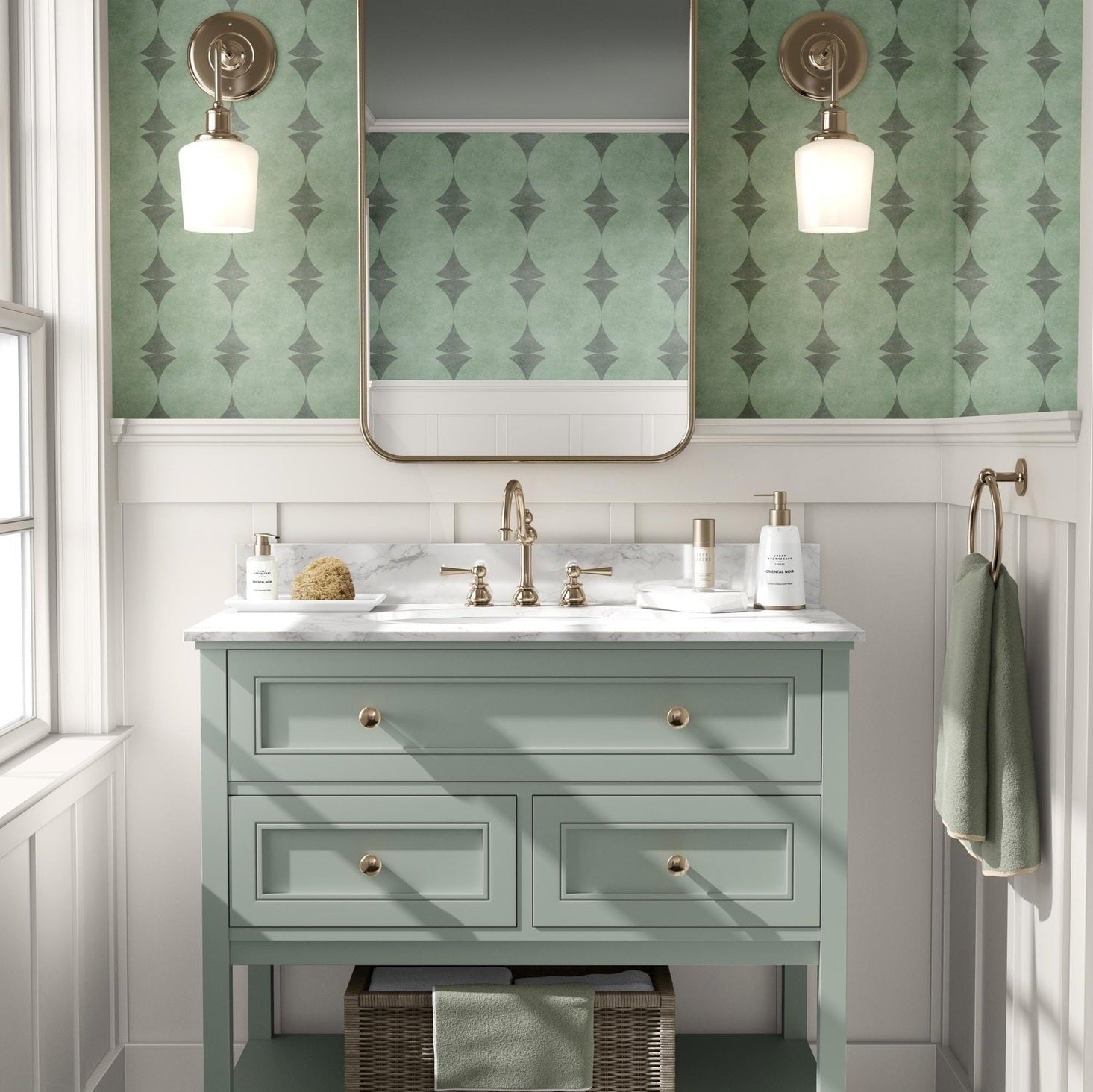 Sage green peel and stick or prepasted wallpaper with Mediterranean art deco stripe pattern and subtle stone texture. Ideal for coastal homes, powder rooms, rentals, kitchens, and DIY accent walls.