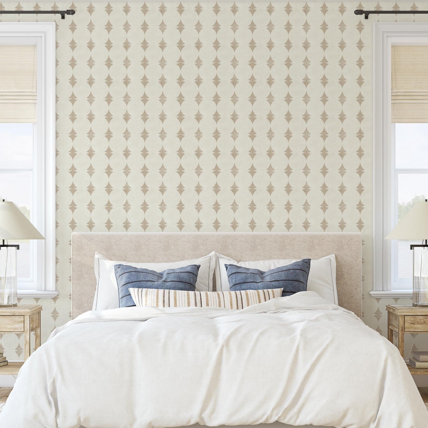 wallpaper in removable peel and stick or pre-pasted in neutral off white and warm beige stripe with a mid century modern art deco look. Perfect for coastal, MCM, glam and vintage inspired spaces for bathroom accent wall, powder room, living room, dining room, bedroom or hallway. A subtle understated timeless design.